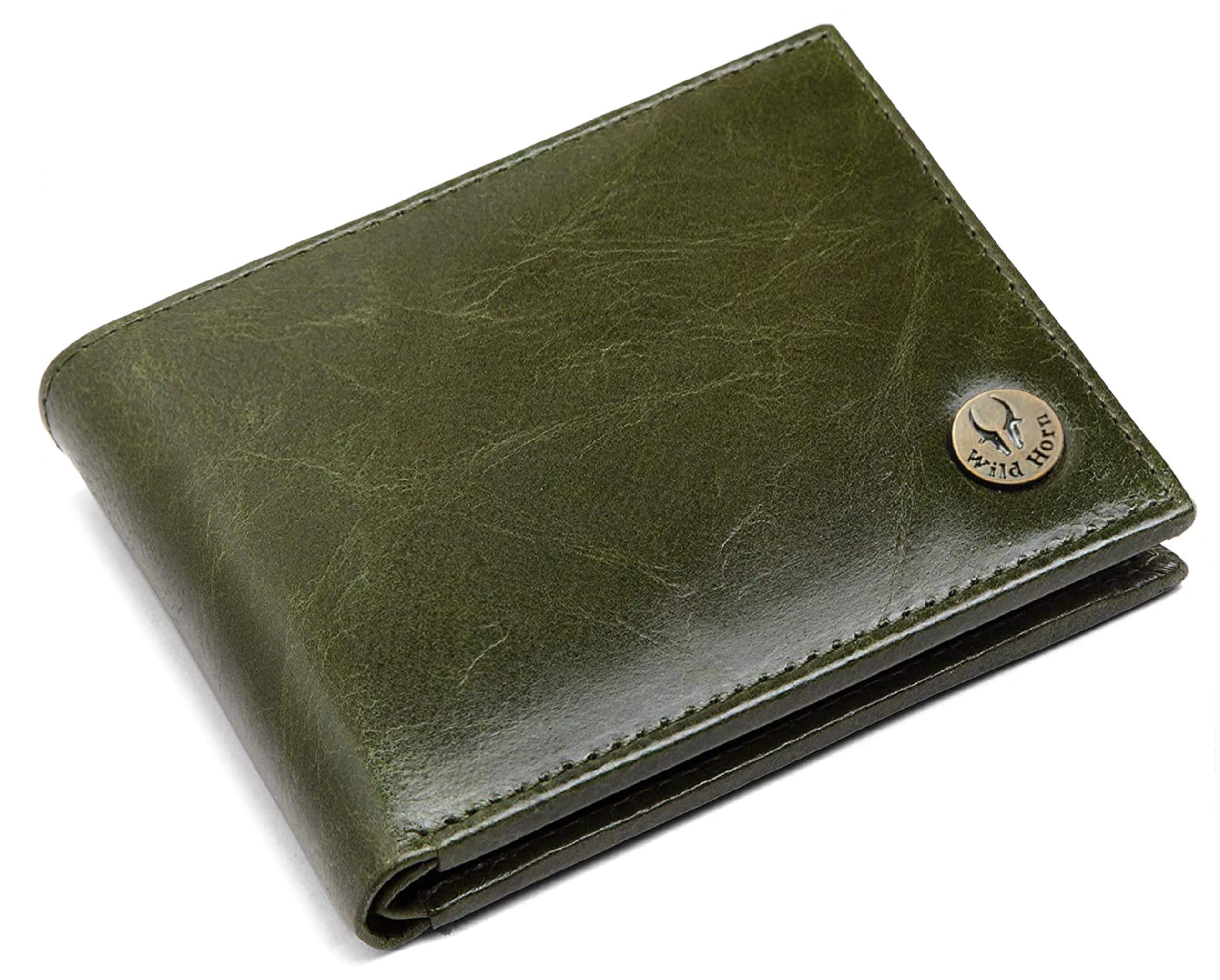 WILDHORN Olive Leather Men's Wallet (WH2050), GREEN CRUNCH, Classic