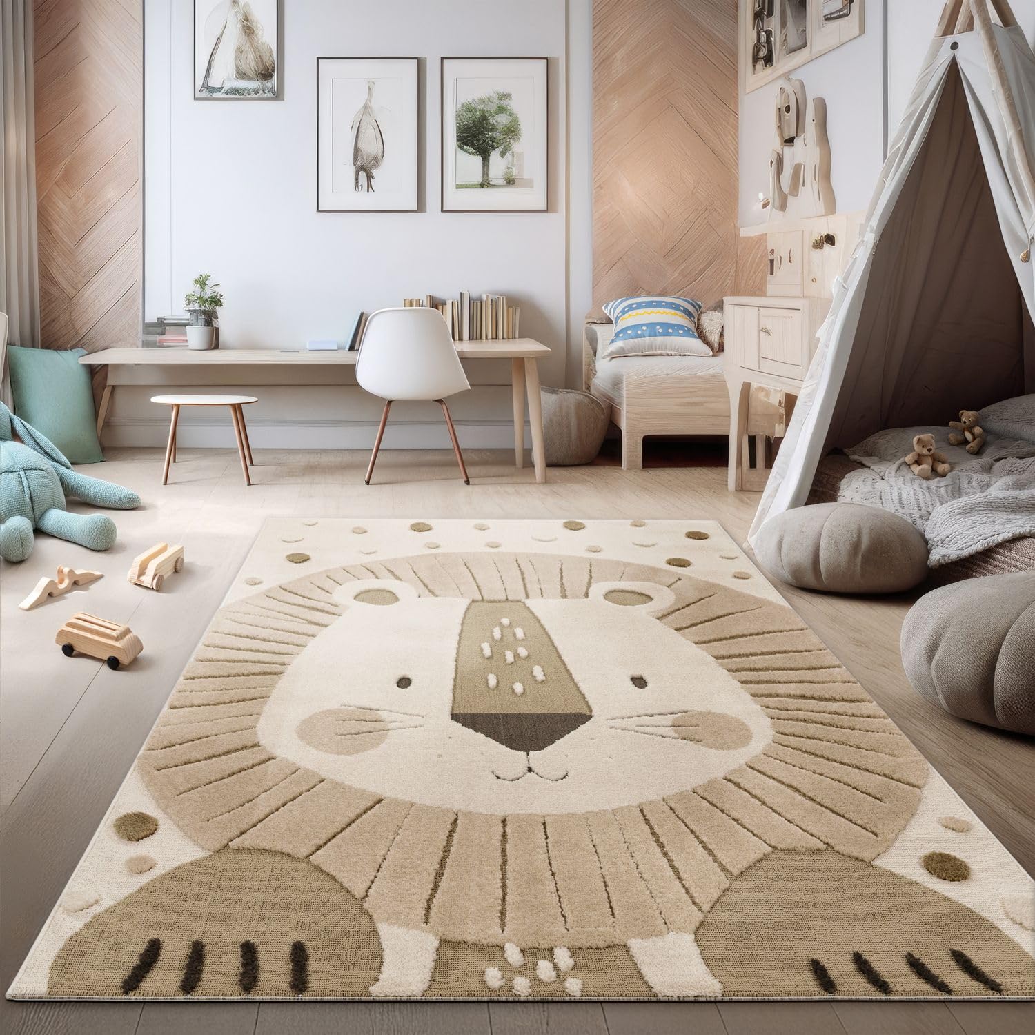 TT Home Alfombra Habitación Infantil Alfombra Juego Motivo Efecto High-Low León Suave Tonos Naturales Estilo Minimalista Fácil, Tamaño:120x160 cm