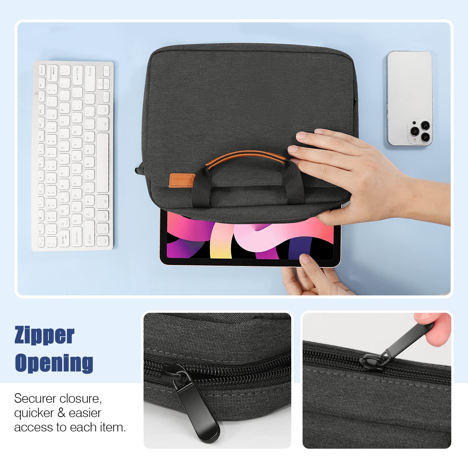 MoKo Custodia Borsa per Tablet da 12.9 inch, Custodia Morbida con Maniglia e Tracolla Compatibile con iPad Pro 12.9 M2 2022/2021/2020/2018, Borsa con Tasche Multiple, Nero & Grigio