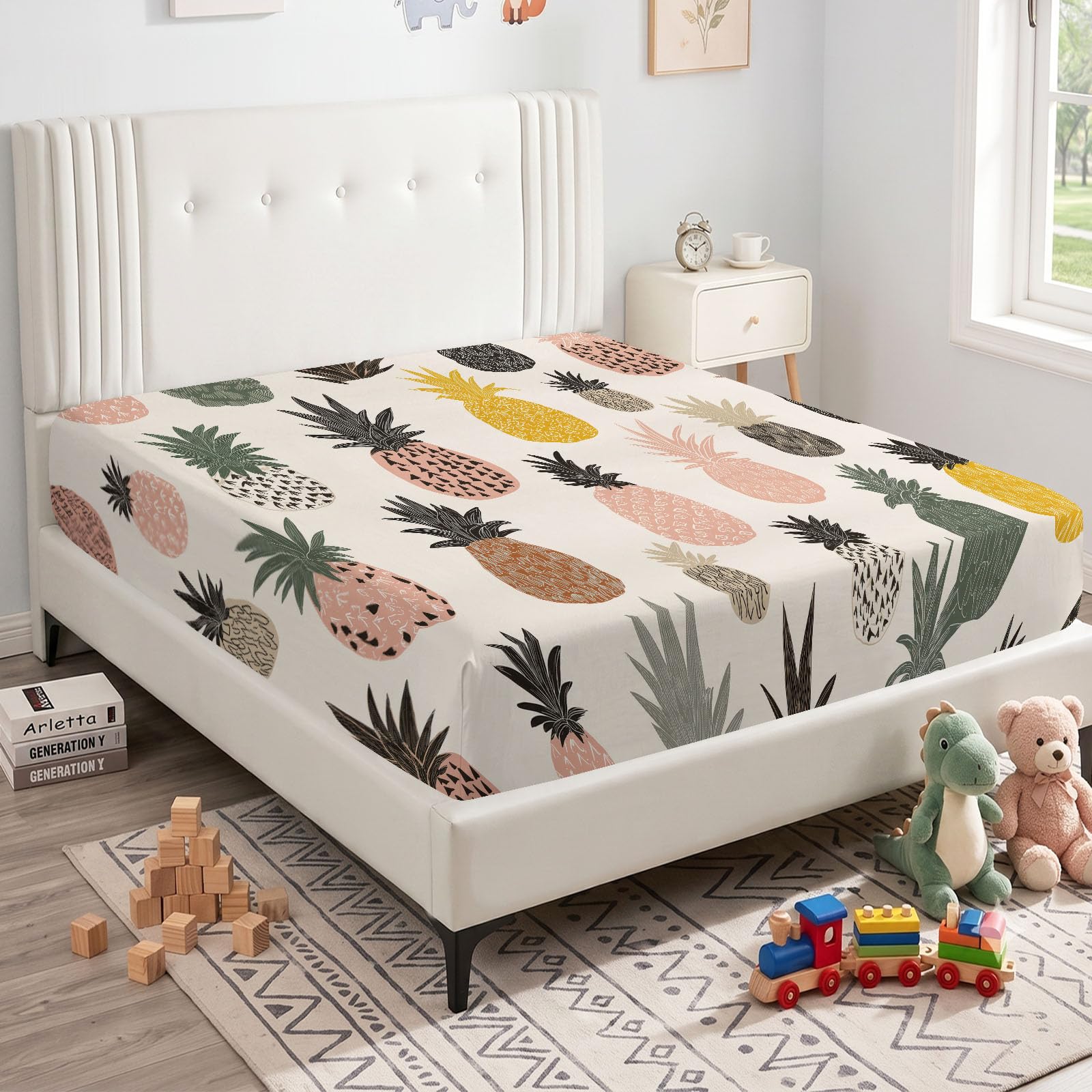 Juego de sábanas de 3 piezas de 180 x 200 cm, sábana bajera ajustable y 2 fundas de almohada, juego de ropa de cama con estampado de frutas de dibujos animados para niños y niñas, elástico en todo el