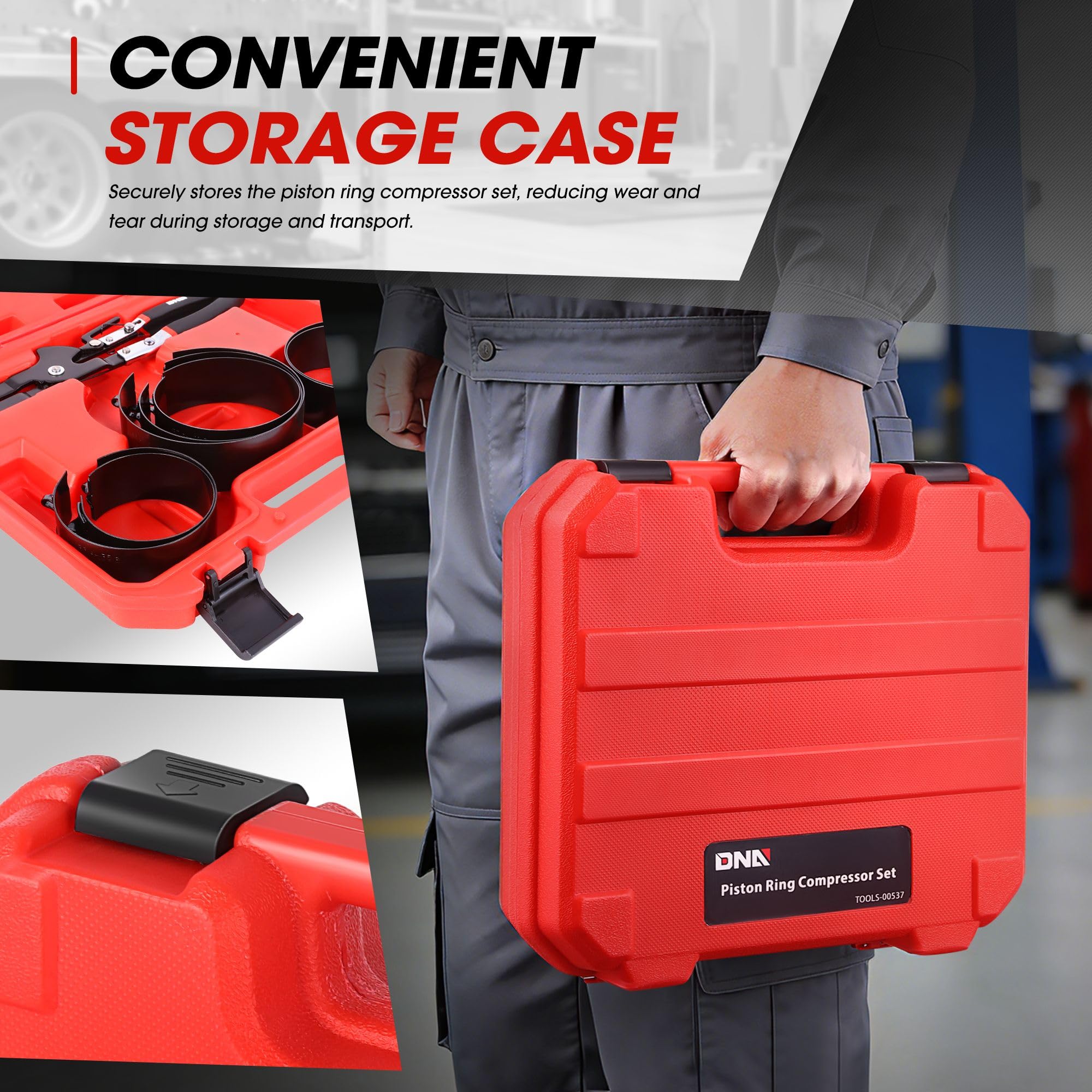DNA MOTORING TOOLS-00537 - Set compressore ad anello per motore, con pinze a compressione e 7 anelli per pistone (2-7/8" - 4-5/8") - per auto, camion e moto, kit di installazione e rimozione