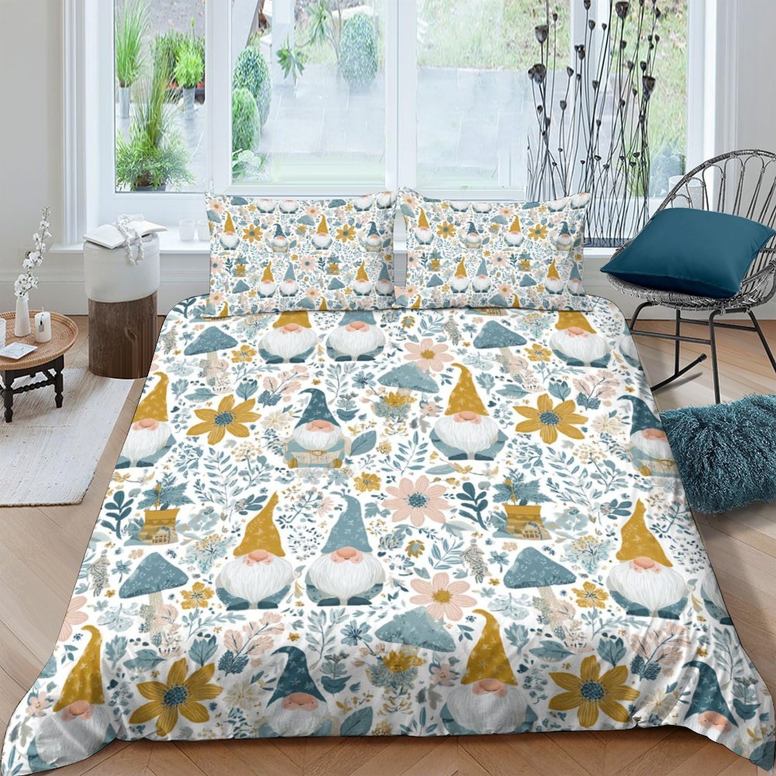 Ctjqhvkz Style-10 3D Printed Nordic Gnome Fitted Sheet Microfiber Soft Floral Mattress Cover Bedroom Decor Easy Care Single（135X200cm）