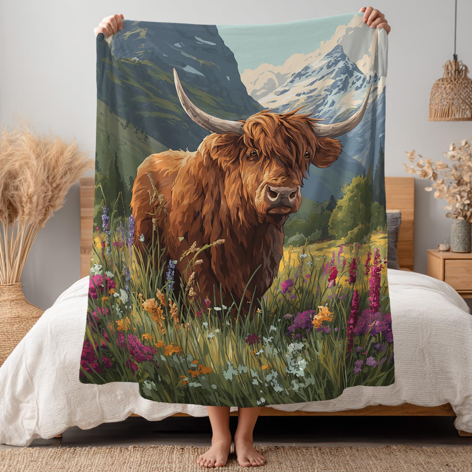 Générique Couverture Polaire 220x240 Bétail des Highlands, Plaid Fleurs Sauvages Montagne, Couverture Lit 2 Personnes Grande Taille XXL, Jeté de Canapé Flanelle Doux, Decoration & Cadeau us53