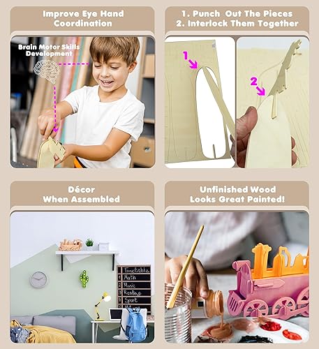 Miniatura 3 de Puzzled Rompecabezas 3D, tren de locomotora rodante, kit de modelo de construcción, divertido y educativo, juguete de madera para armar manualidades