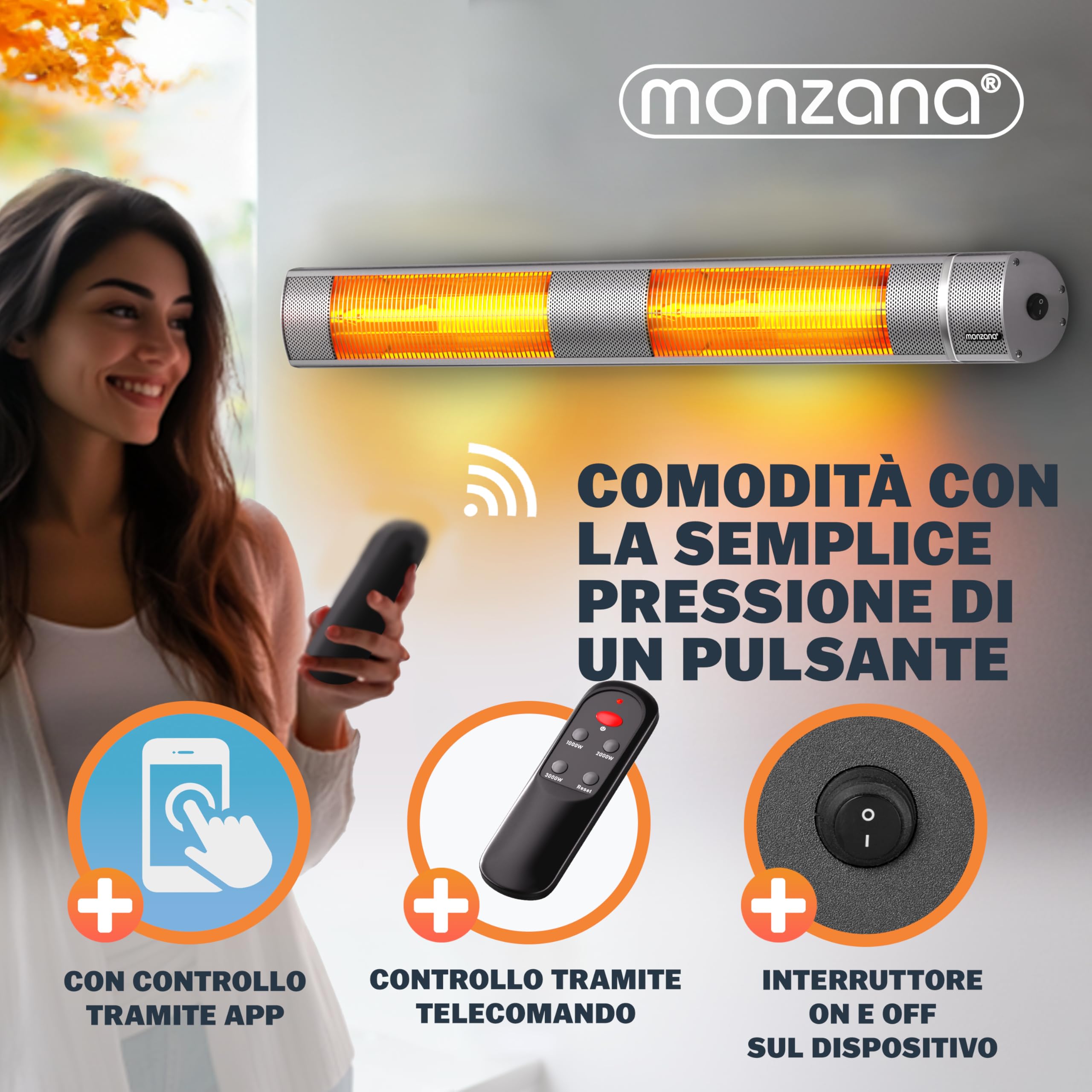 MONZANA® Stufa Elettrica a Infrarossi 3 Livelli di Calore 3000W Inclinabile di 90° Telecomando App IP55 Stufetta Fungo