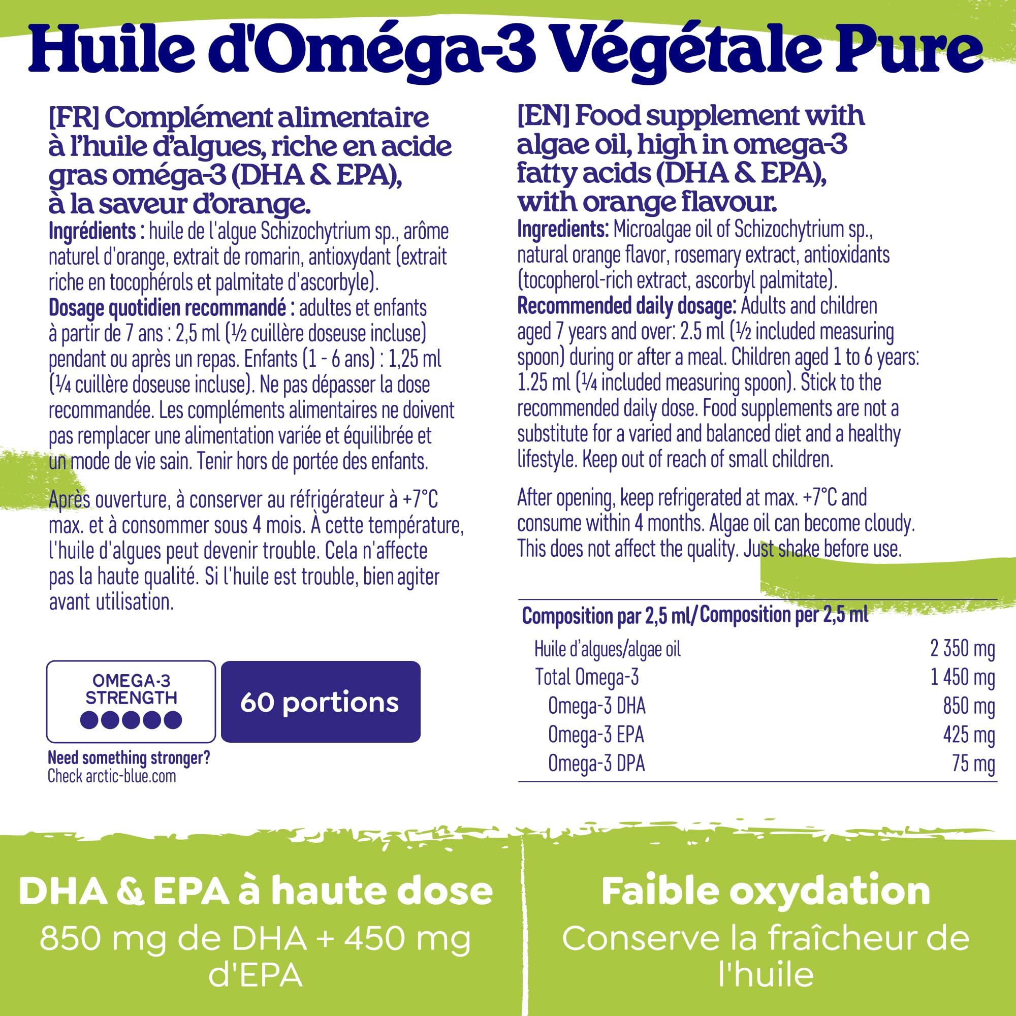 Arctic Blue Oméga-3 Végétal Huile Liquide 150 ml — Orange — 850 mg de DHA + 425 mg d’EPA par Dose (2,5 ml) — Huile de Microalgues Durable — 100% Vegan, Haute Pureté, Sans Contamination Marine