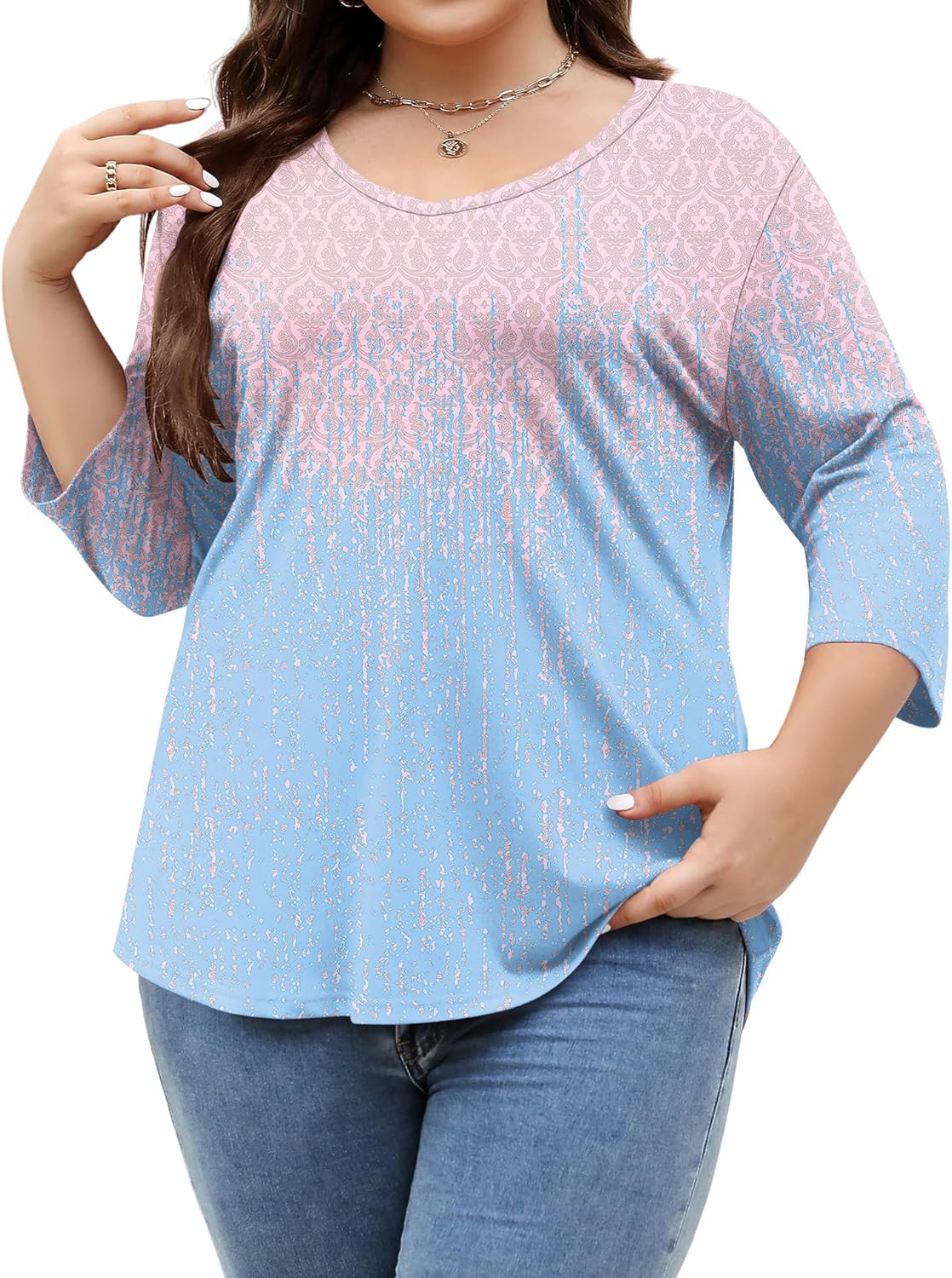 TFSDOD Womens Plus Size Tops V Neck T Shirts 3/4 Sleeve Blouse Summer Casual Tees XL-5X - Image 2