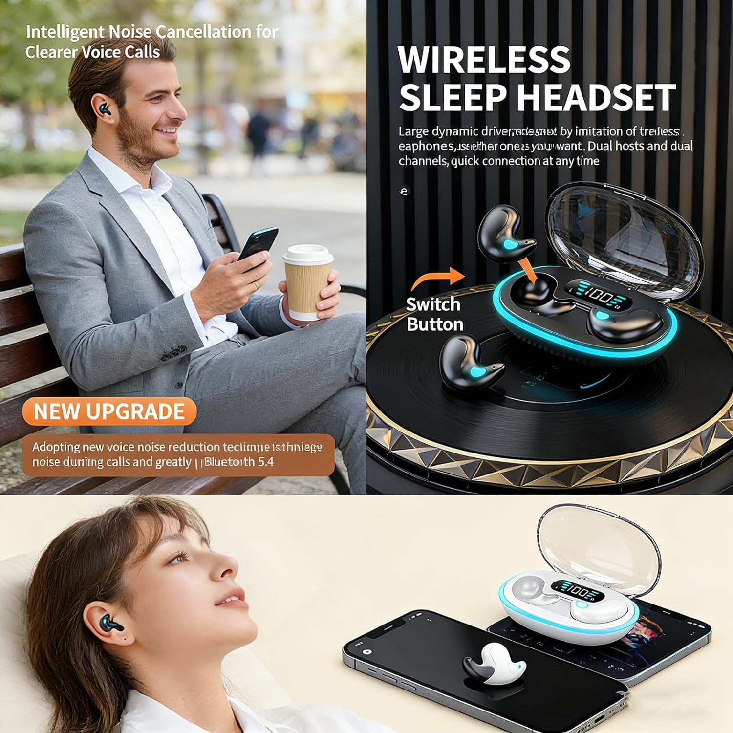 Benledning Sleep Bluetooth Earbuds, Sleep Earbuds for Side Sleepers, Noise Cancelling Earbuds for Sleep, Micro Sleep Earbuds, Sleep Earbuds Wireless Bluetooth,Bluetooth 5.4,LED Display (Black+White)