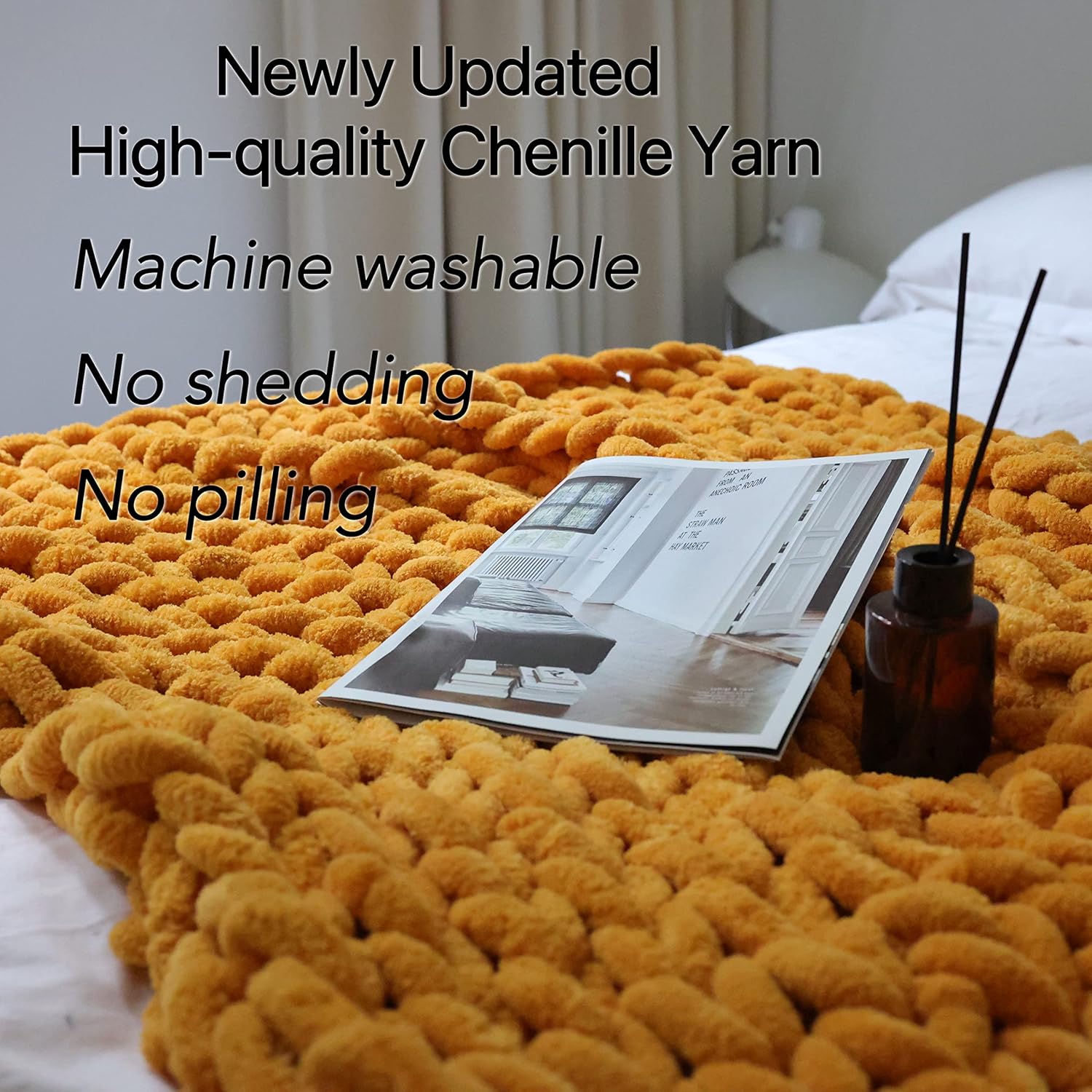 Maetoow Chenille Chunky Knit Blanket Throw （50×60 Inch）, Handmade Warm & Cozy Blanket Couch, Bed, Home Decor, Soft Breathable Fleece Banket, Christmas Thick and Giant Yarn Throws，Mustard Yellow
