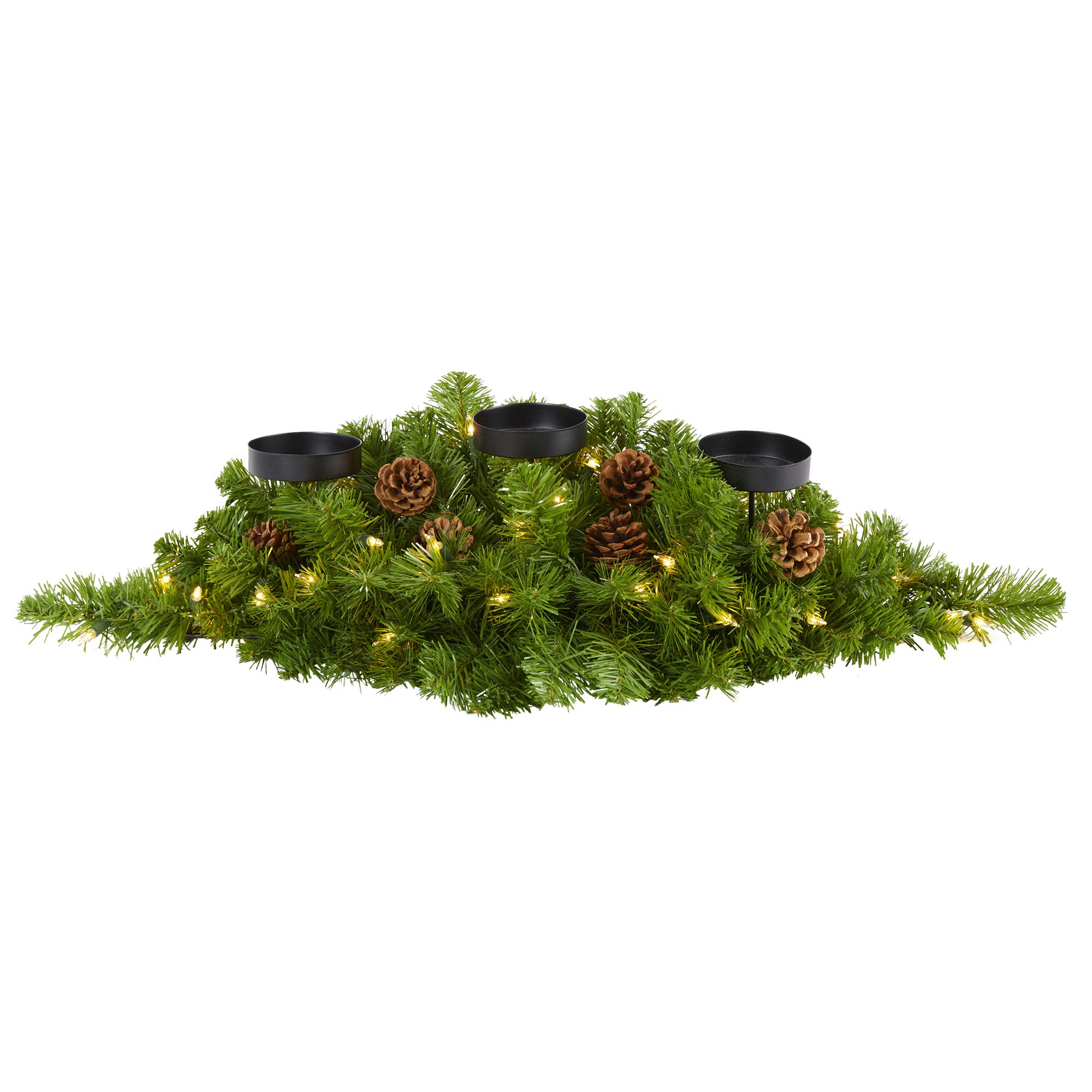 Nearly Natural 30in. Christmas Artificial Pine Triple Candelabrum with 35 Clear Lights and Pine Cones