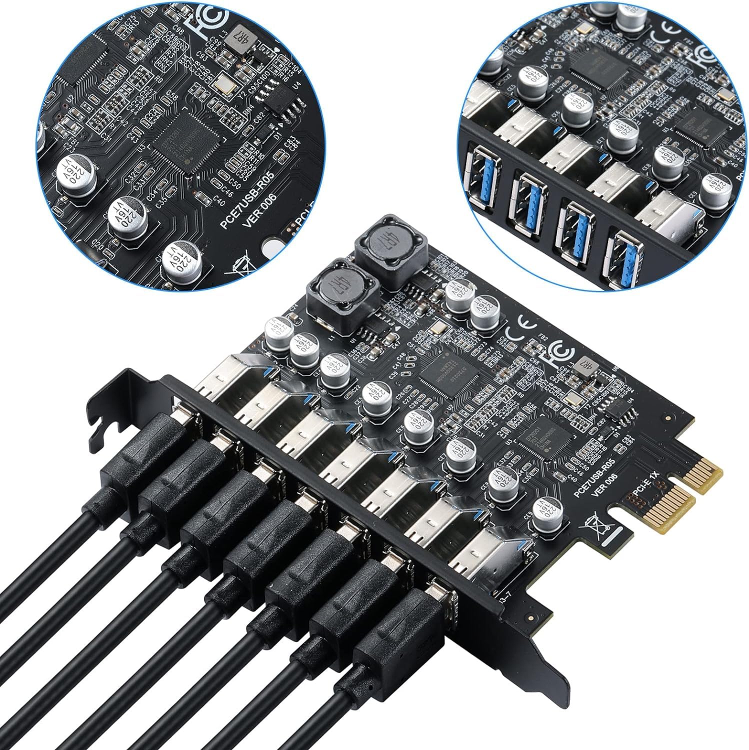 Tarjeta de Expansión de 7 Puertos USB 3.0 PCI Express, Conector de Tarjeta PCIe USB 3.2 (USB 3.1) Gen1 Card Hub Interno Conecta 7 Dispositivos para Windows 11/10/8/7/Vista/XP | Windows 11/10/8/7/Vista/XP