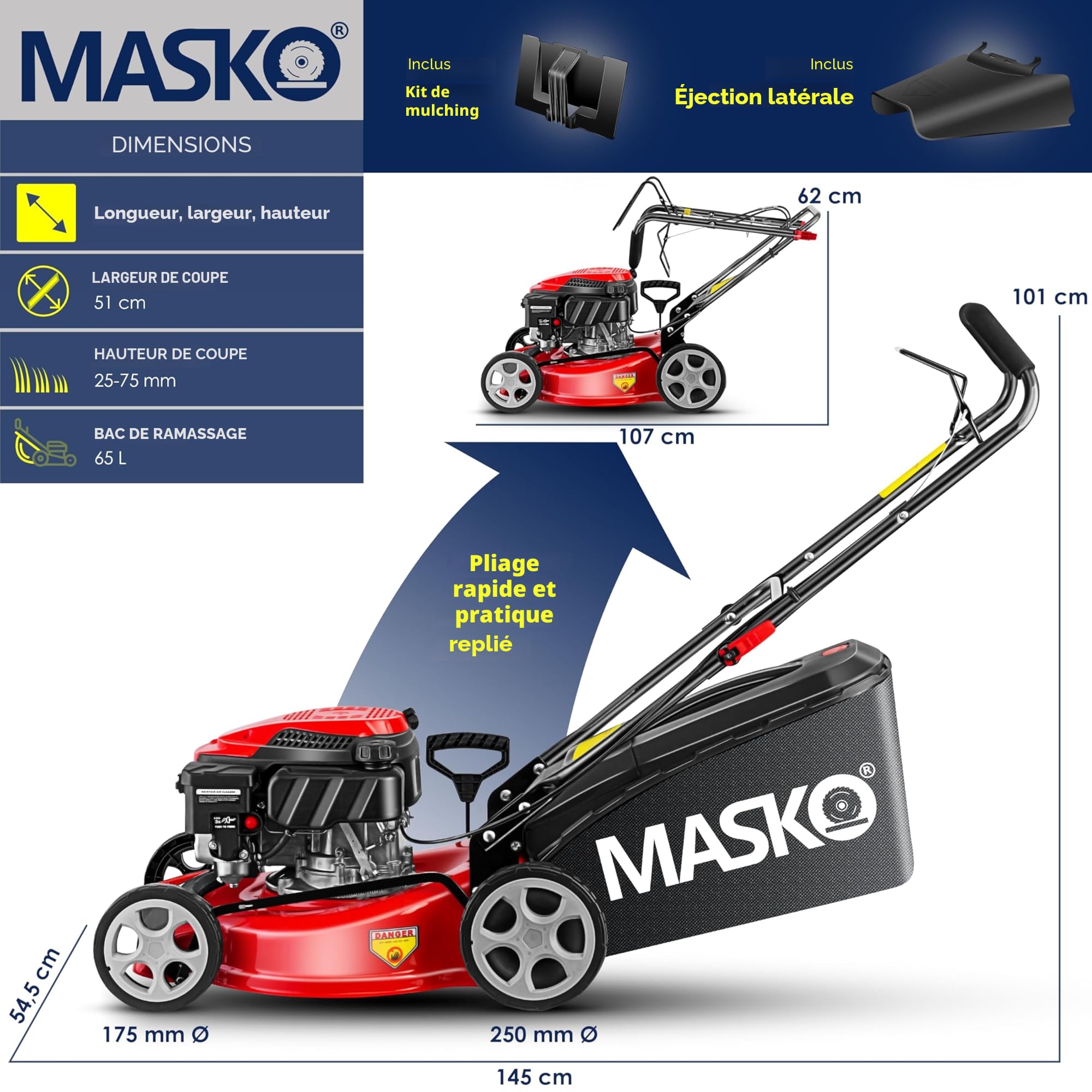 MASKO® Tondeuse à Essence 5 en 1 Roue motrice Fonction de Nettoyage, Largeur de Coupe 51cm, EasyClean Fonction Mulching Éjection latérale Largeur de Coupe élevée Réglage de la Hauteur de Coupe