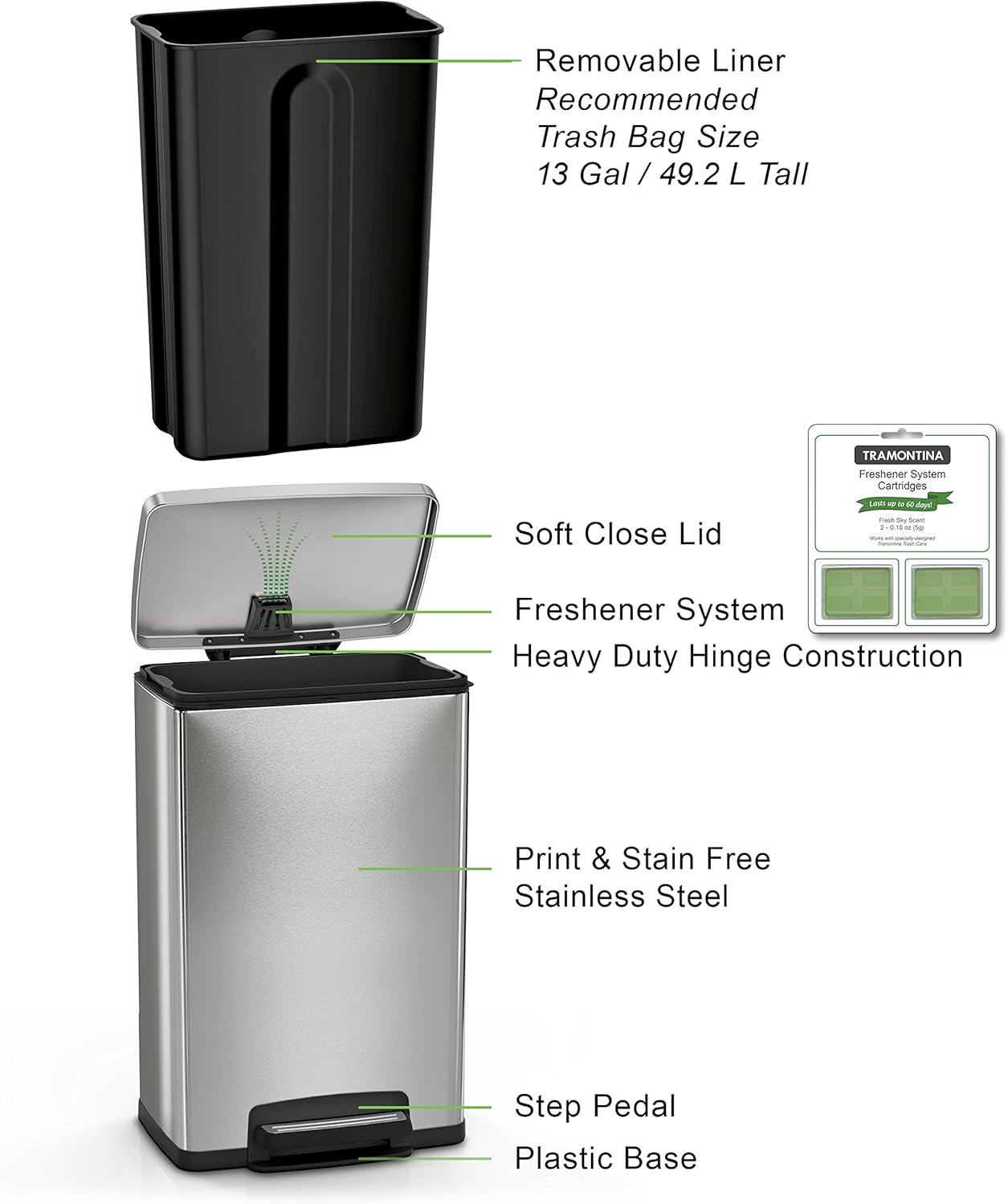 Tramontina 13 Gallon Step Trash Can Stainless Steel Includes 2 Freshener Cartridges …