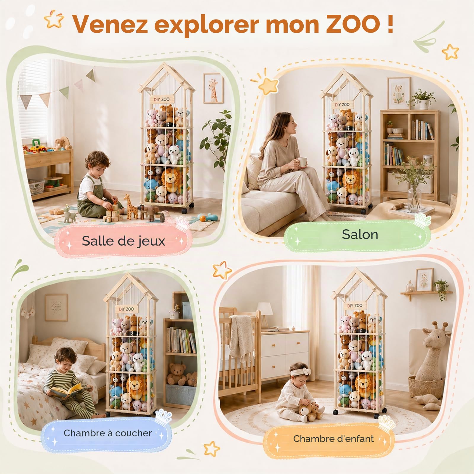Rangement Peluche de Enfant, Range Peluche en Bois Roues, 146 * 42 * 32cm,Meuble Rangement Jouet Enfant pour Chambre d'enfant, Salle de Jeux avec Sac（avec Toit）