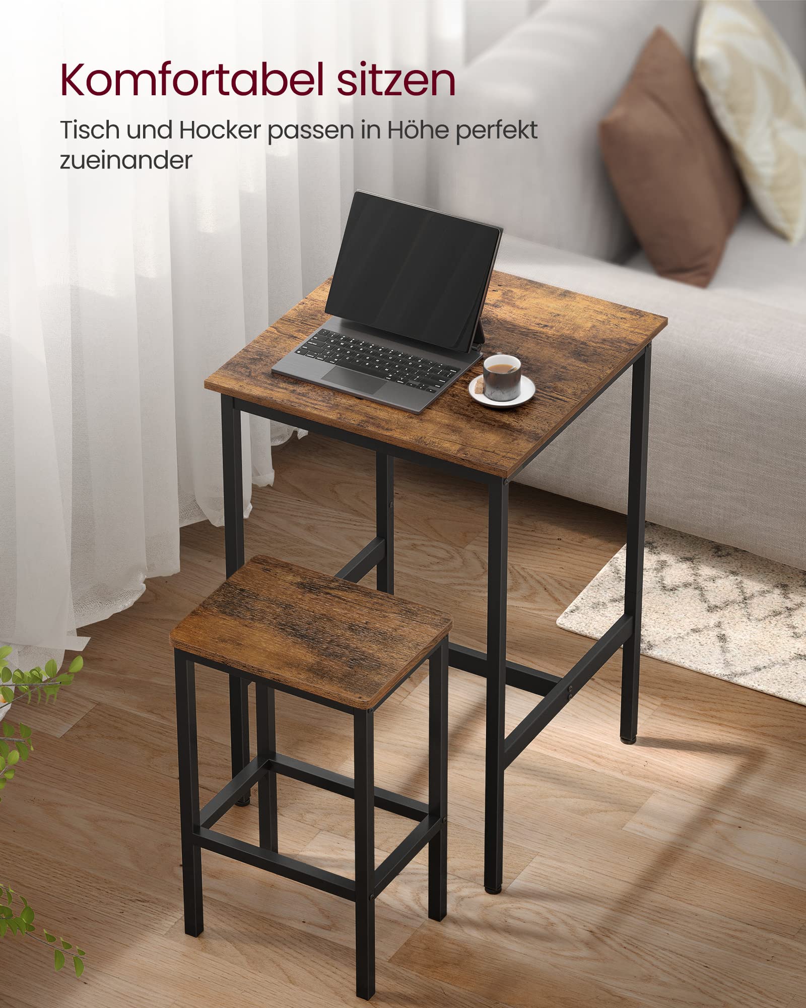 VASAGLE Bartisch mit Barhocker-Set, Esstisch mit 2 Stühlen, Küchentisch klein, Barstühle, für Esszimmer, Küche, vintagebraun-tintenschwarz LBT017B01