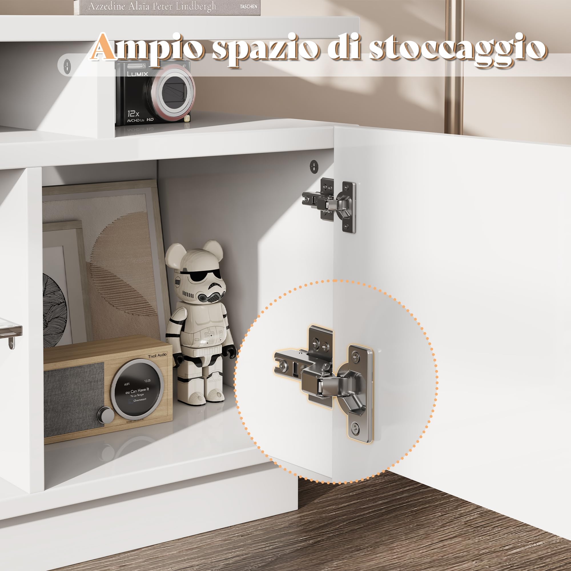 LUXOAK TV-Schrank mit LED Beleuchtung, für Fernseher bis 75 Zoll, Hochglanz TV Board mit großem Stauraum, 2 Türen & Glasablage, Fernsehtisch für Wohnzimmer Schlafzimmer, Weiß