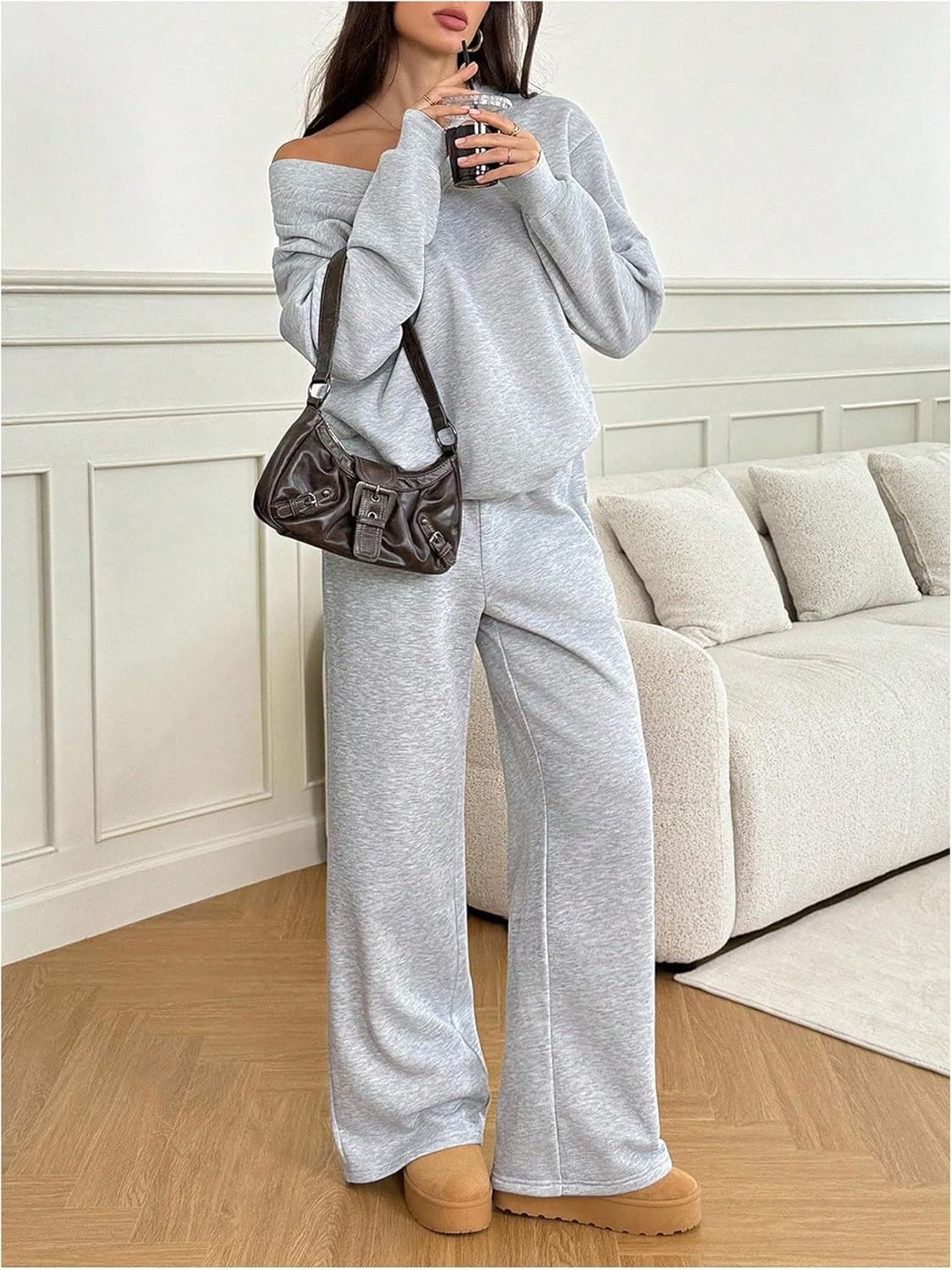 MakeMeChic Women's 2 Piece Sweatsuits Long Sleeve V Neck Sweatshirt and Jogger Pants Casual Matching Sets - Image 4