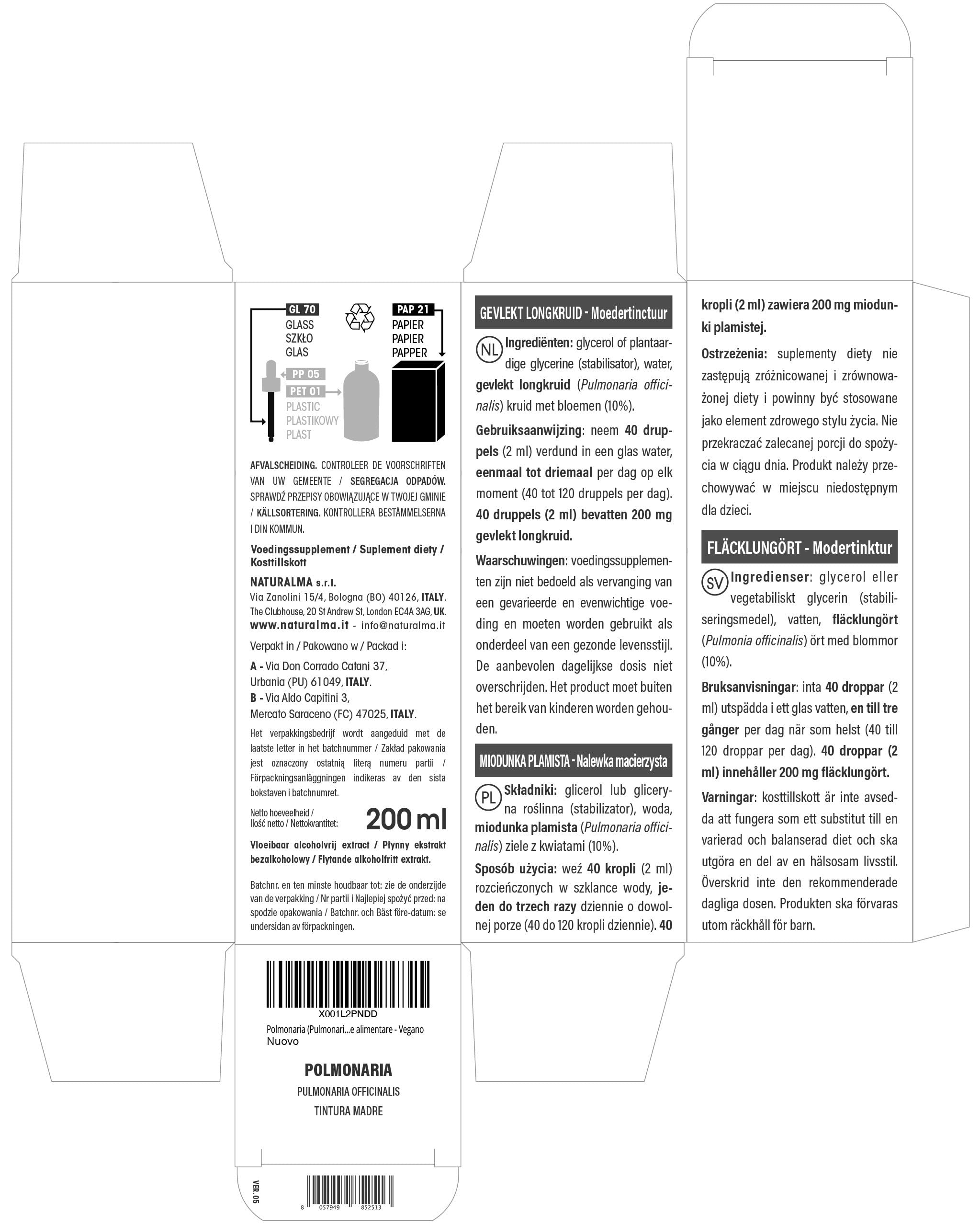 Lungenkraut (Pulmonaria officinalis) Kraut mit Blüten Alkoholfreier Urtinktur Naturalma - Flüssig-Extrakt Tropfen 200 ml - Nahrungsergänzungsmittel - Veganer