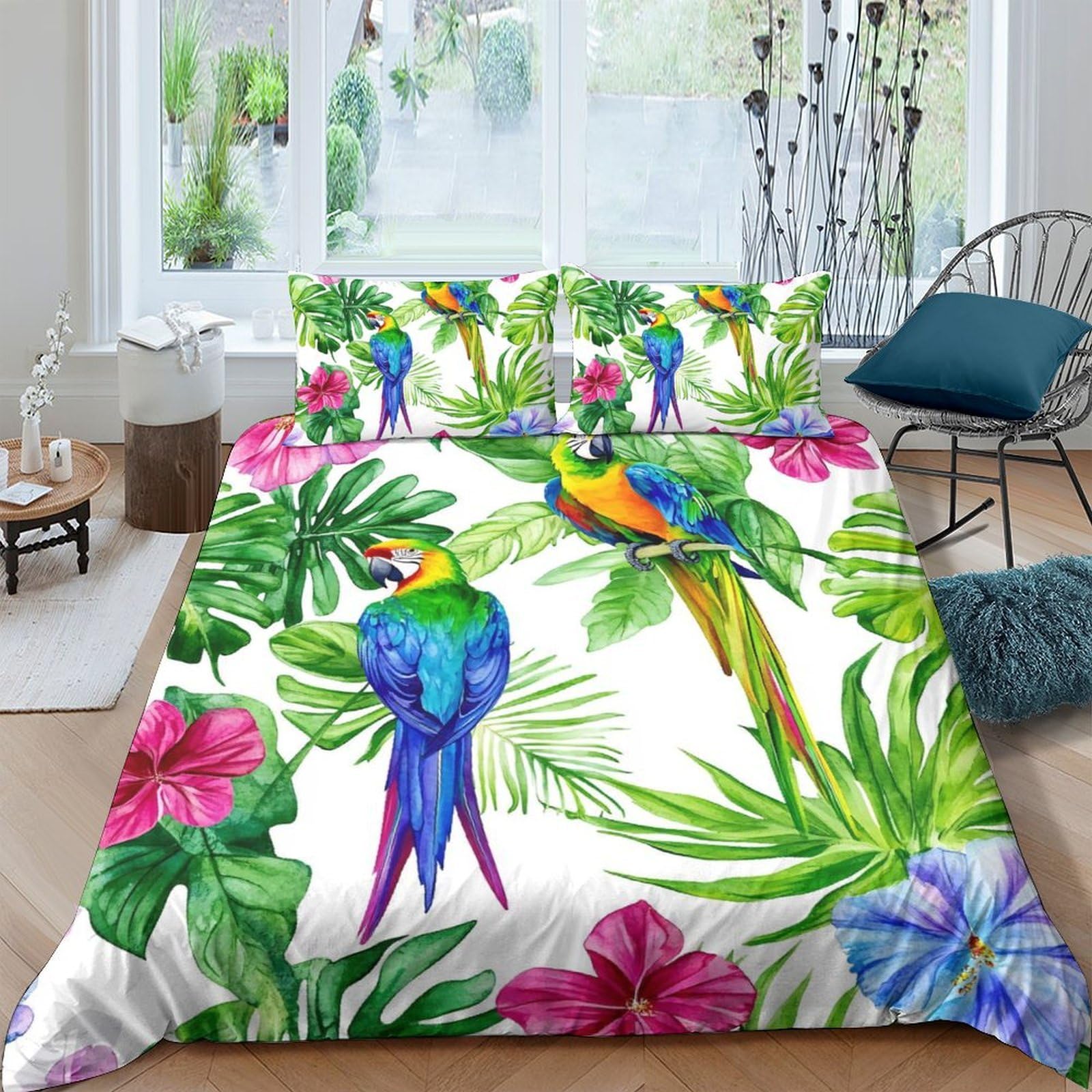 Ctjqhvkz Style-4 3D Printed Tropical Parrot Fitted Sheet Microfiber Soft Breathable Rainforest Flower Mattress Cover For Bedroom Dorm Decor Single（135X200cm）