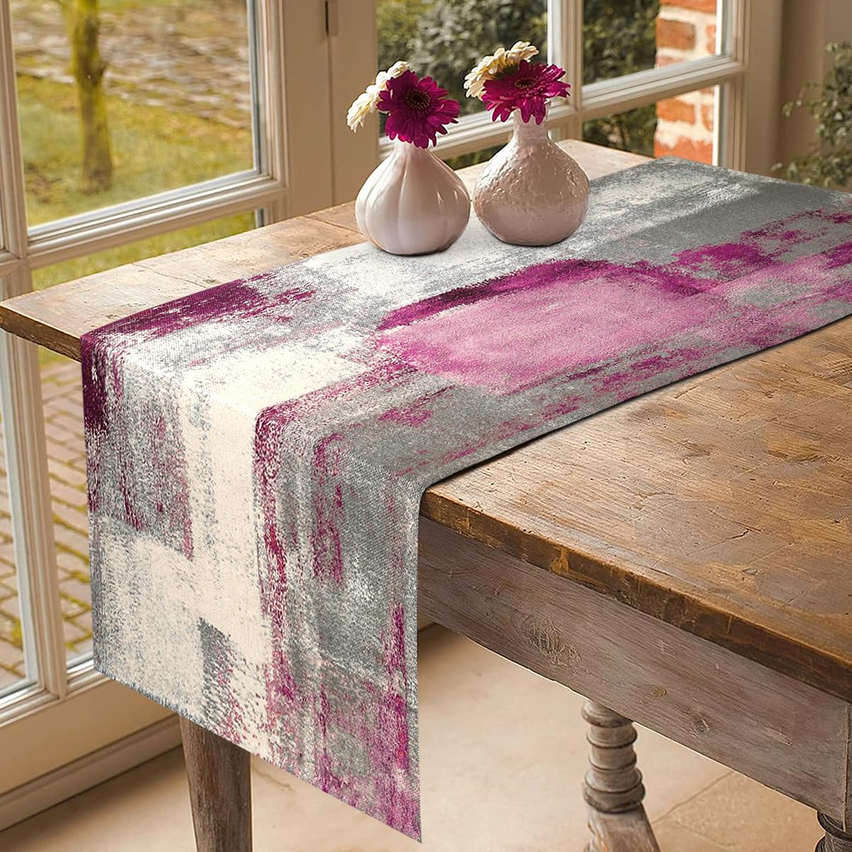 Table Runner Modern Pink and Grey Table Decorations Cotton Linen Boho Decorative Cloth Dining Table Runners for Weddings Party Dinner Holidays Home Party Decor 40 x 140 cm - Image 4