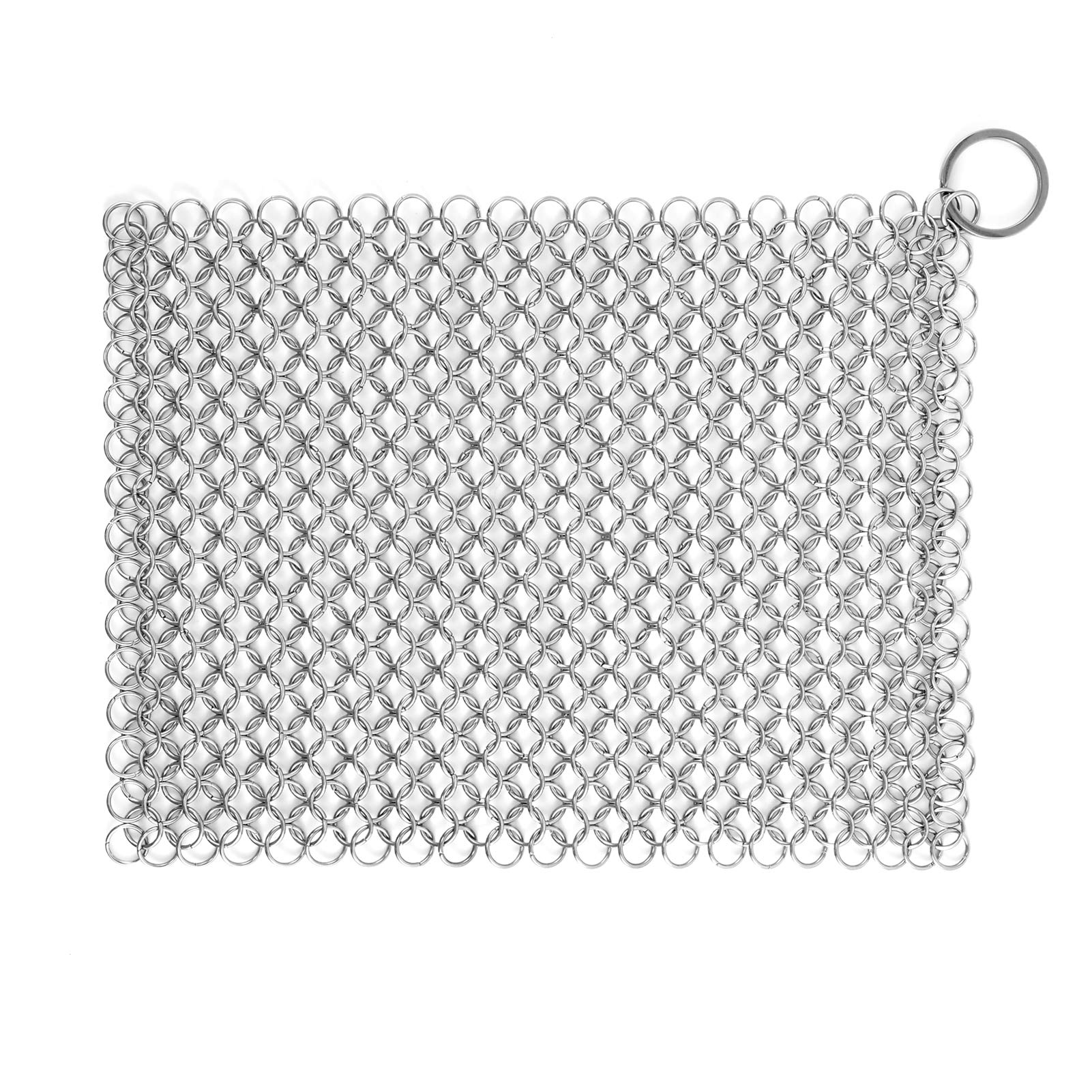 Cast Iron Cleaner — 8"x6" Square Cast Iron Scrubber, Premium Stainless Steel Scrubber with Hanging Ring, Ultra-hygienic Anti-Rust Chainmail Scrubber for Cast Iron Pans