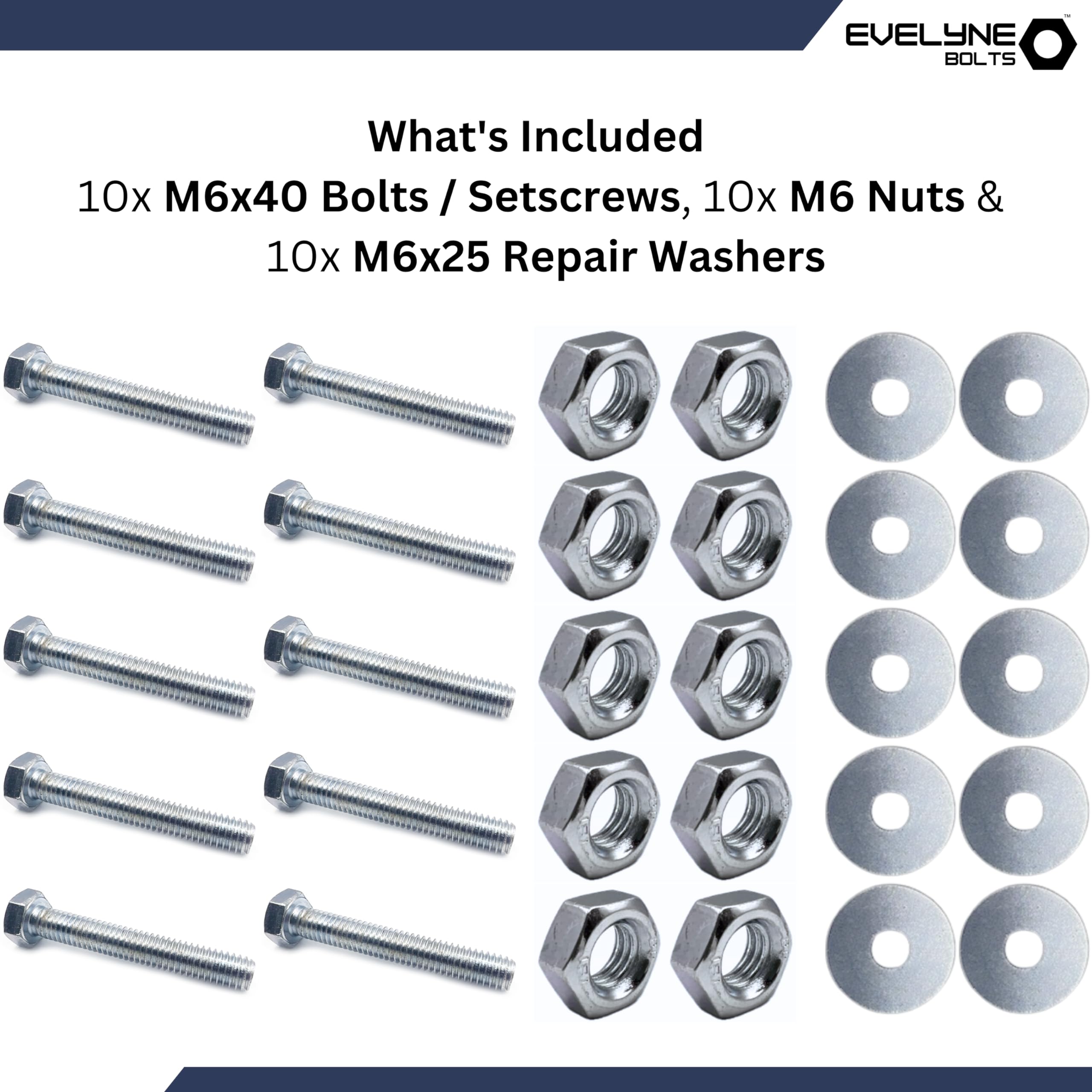 M6 Nut, Bolt & Repair Washer Set. 10 pack M6x40 Bolts, M6 Nuts & M6x25 Repair Washers - Image 2