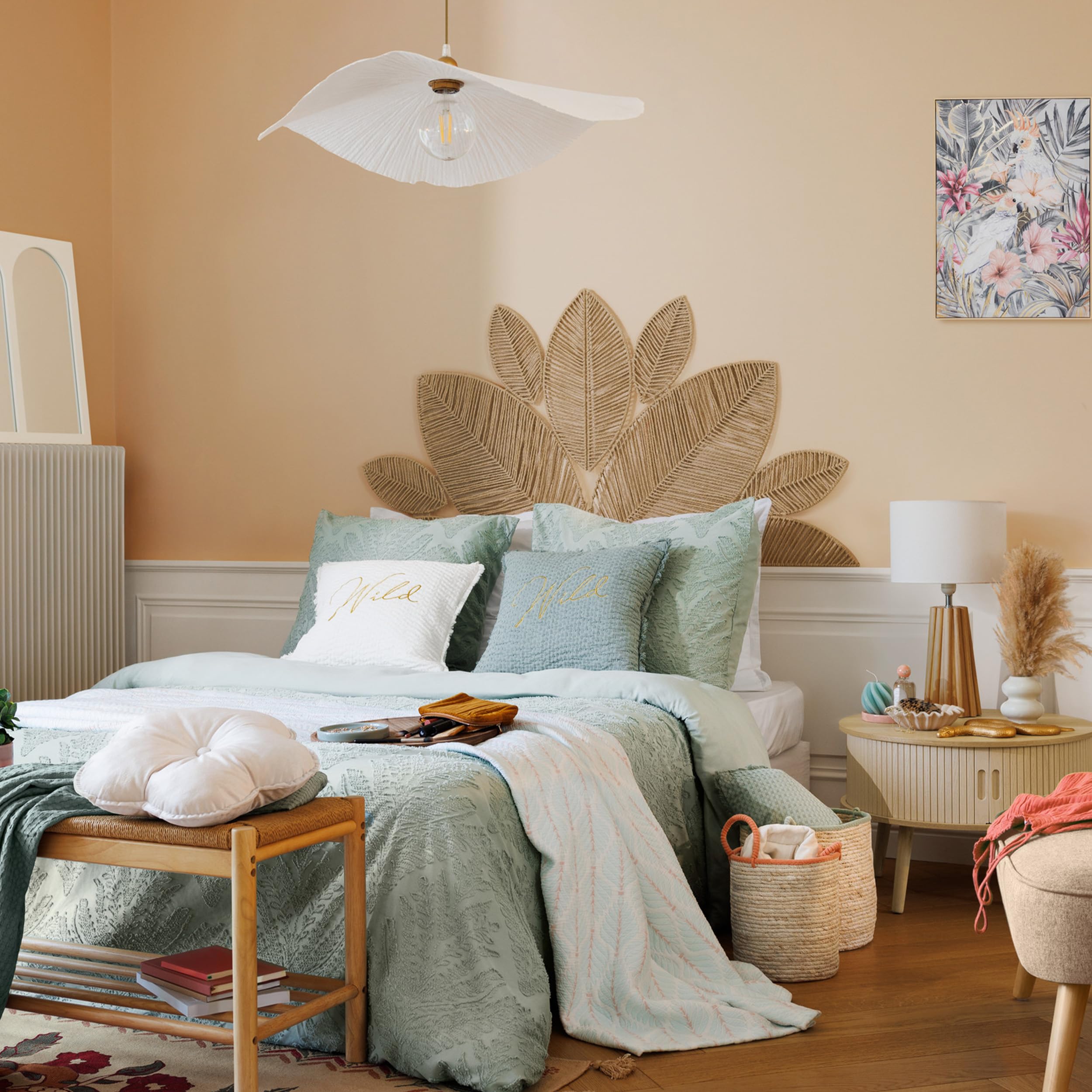 Atmosphera - Décoration Murale Meera en Papier Tressé et Métal - 160x80cm - Décoration Bohème à Accrocher en Forme de Feuilles Beige - pour Chambre, Salon, Salle à Manger, Tête de lit