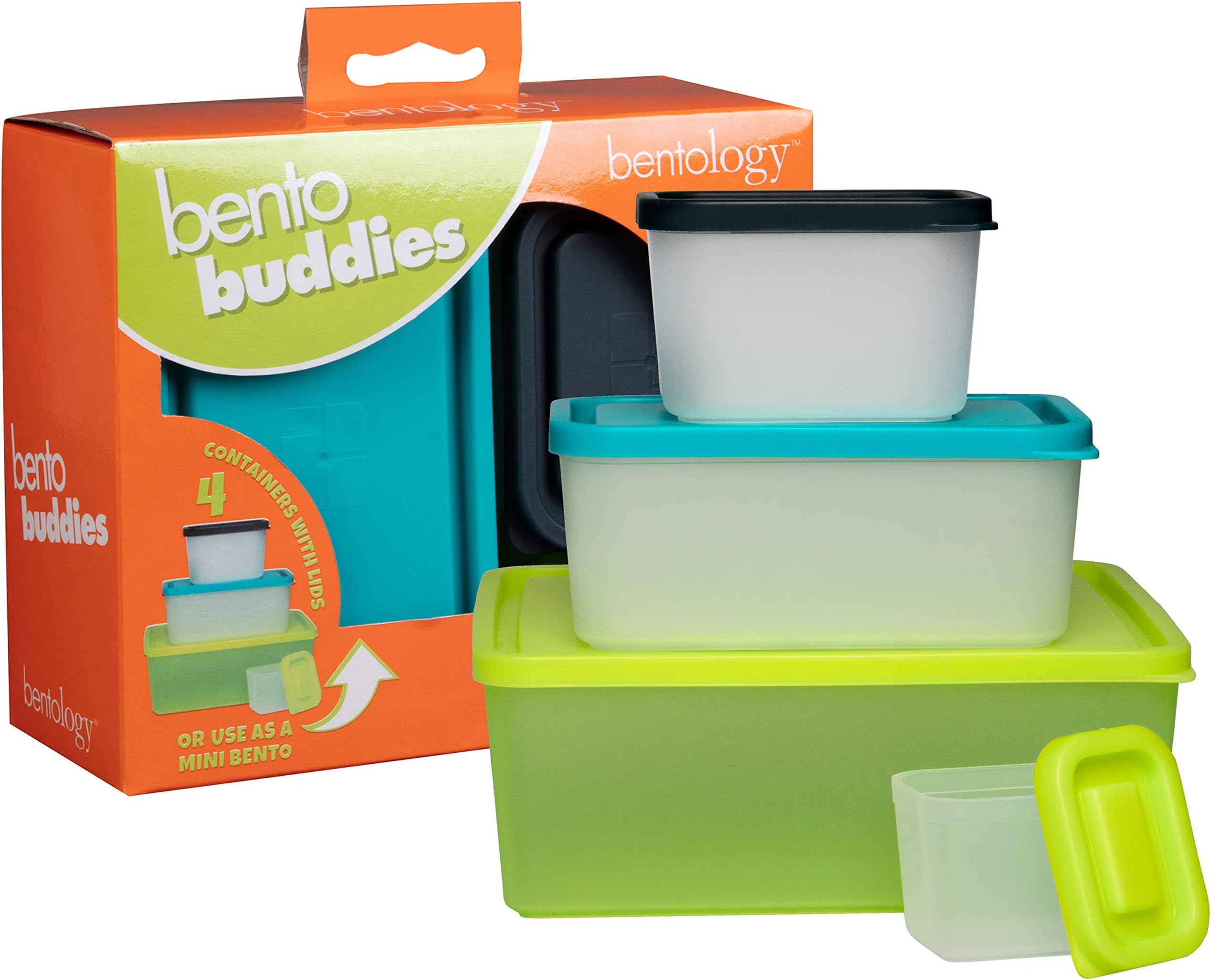 BentologySnack Buddies - Mini Bento Snack Lunch Box w 4 Portion Control Meal Containers and Lids - BPA, PVC Free, Food Safe – On-the-Go lunchbox - Lime