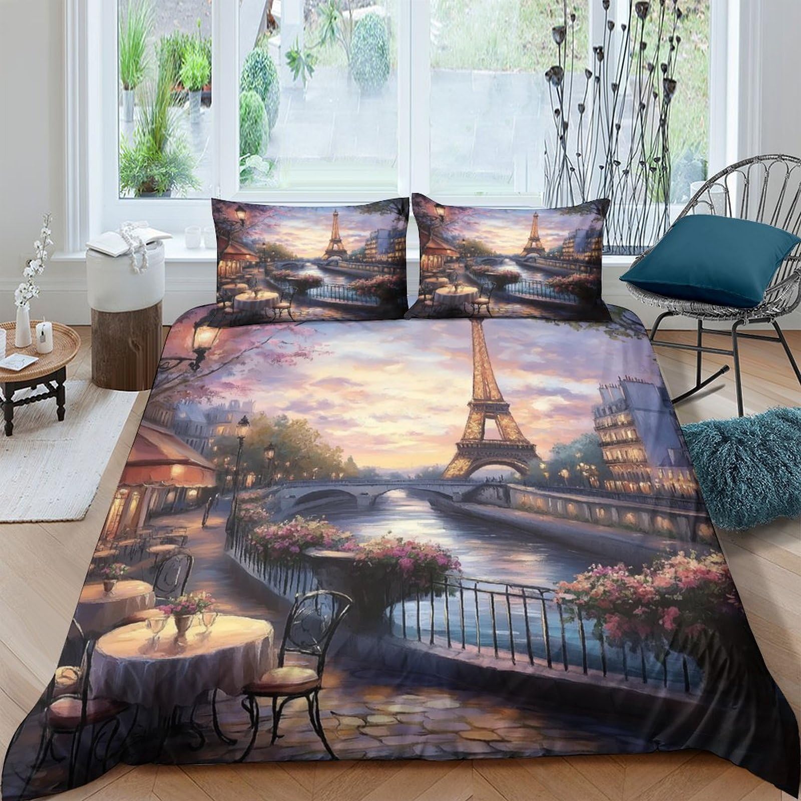 Ctjqhvkz Style-7 3D Printed Paris Sunset Fitted Sheet Microfiber Elegant Eiffel Tower Bed Cover For Bedroom Guestroom Decor Single（135X200cm）