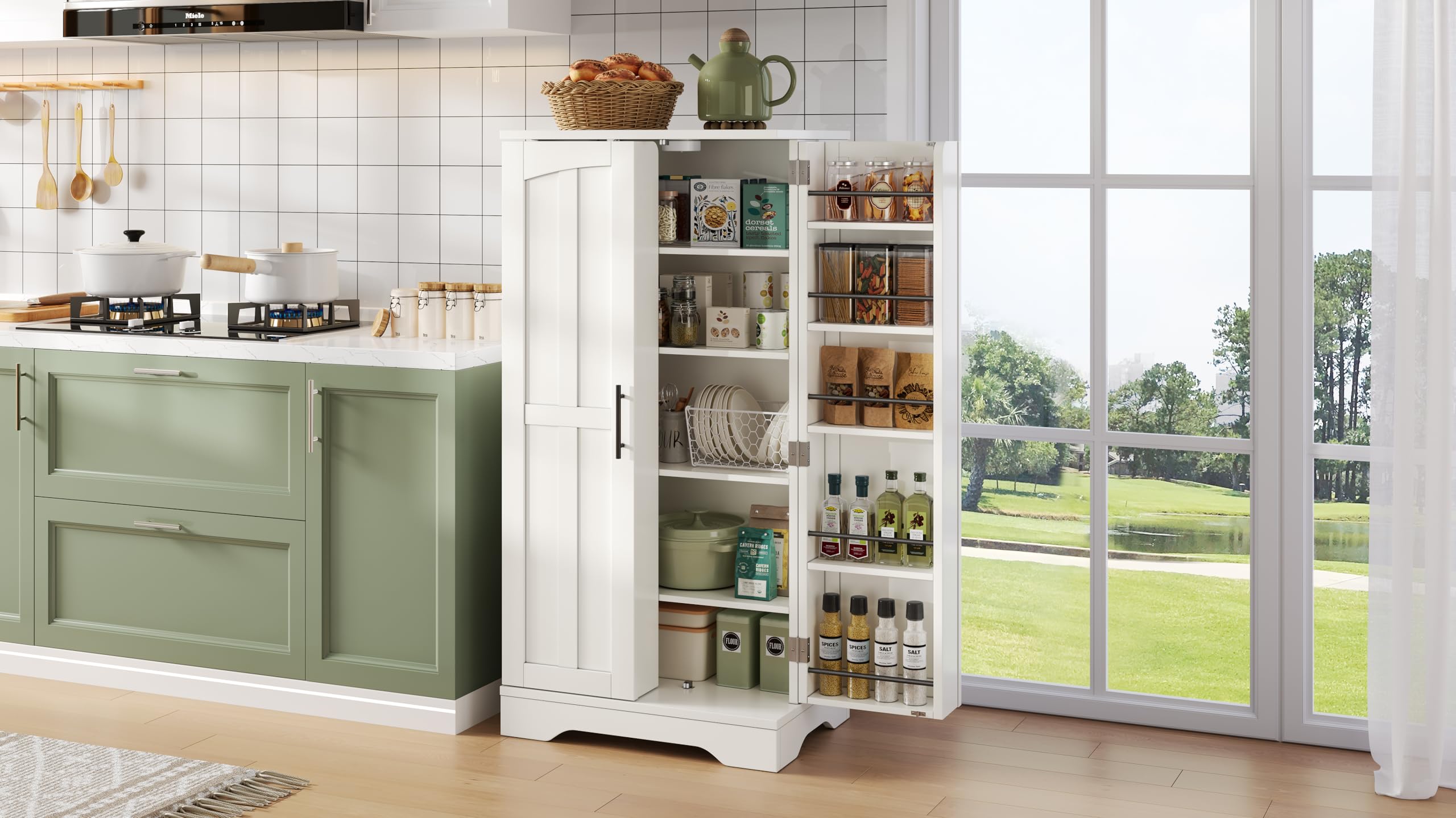 FurnitureR Küchenhochschrank, hoher Küchenschrank 60 x 40 x 120 cm, Weiß, MDF Vorratsschrank mit 2 Türen, LED-Türlicht, für Moderne Küchen, Nischen und Esszimmer, mit Kippschutz zur Wandbefestigung