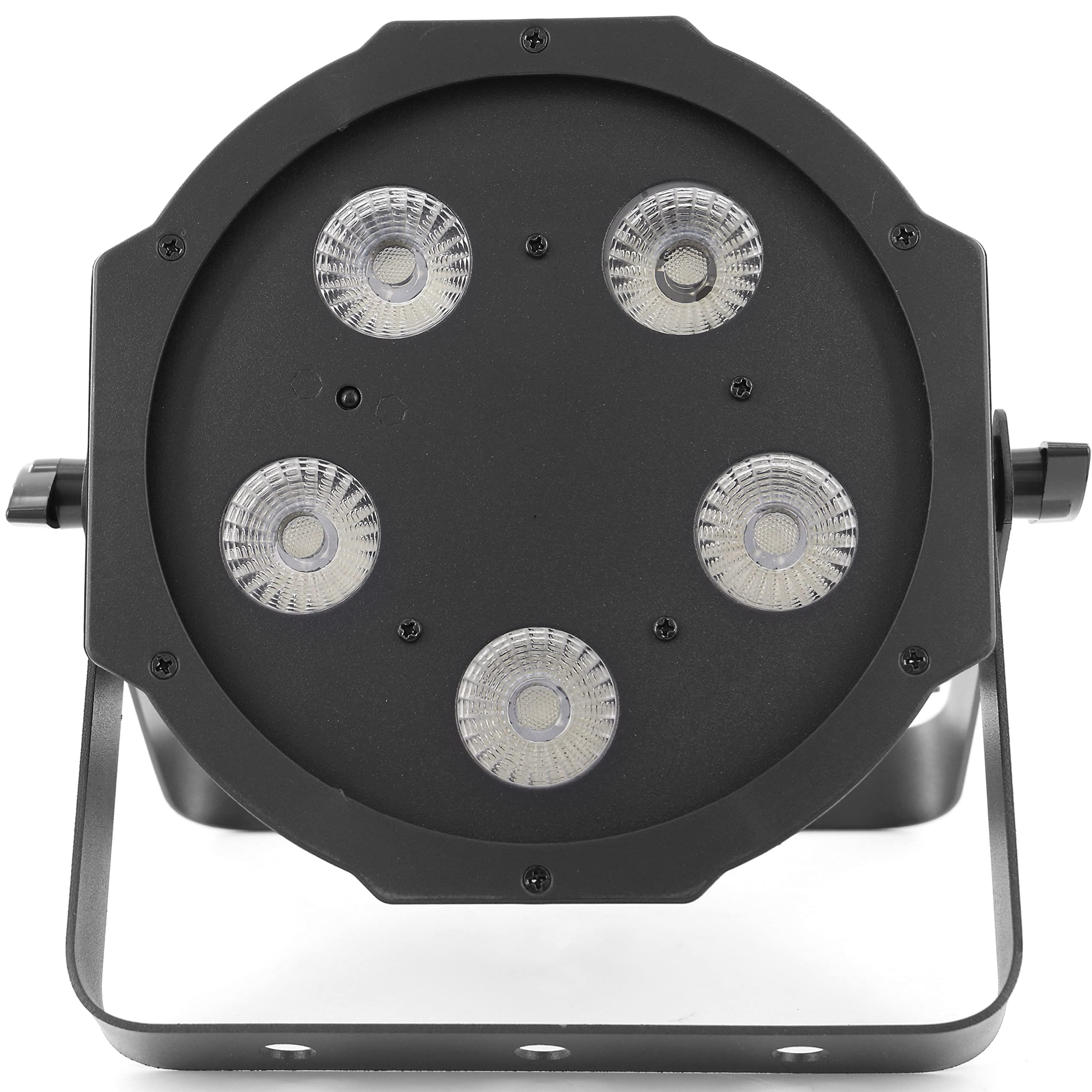 BoomToneDJ FlatPAR 5X5W 4in1 RGB-UV Projecteur LED multicolore avec DMX 512. Modes automatique, détection musicale. Télécommande IR incluse. Link alimentation. Eclairage de scène, soirées Clubs, DJ.