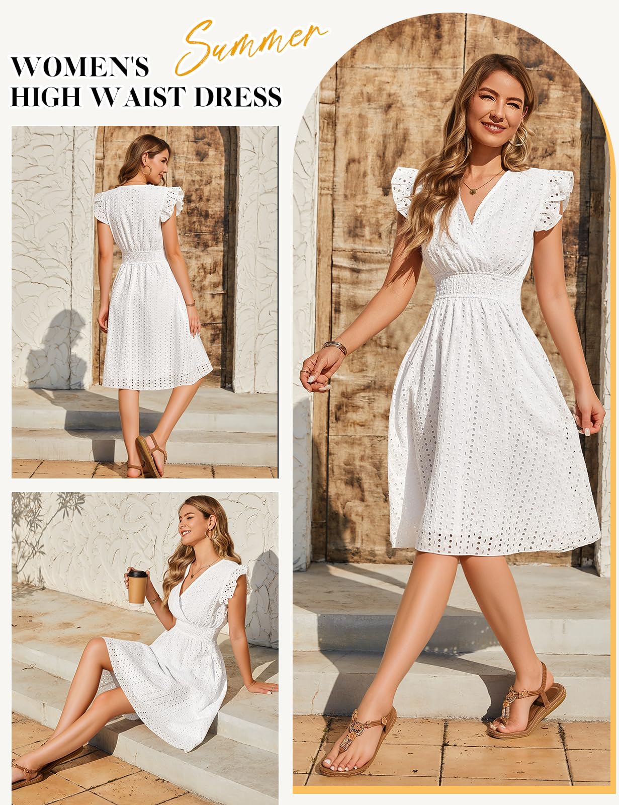 Vestidos Verano Mujer Sin Mangas Vestidos Corto Cuello en V Algodón Elegante Dress de Manga con Volantes Cintura Alta Elástica Mini Vestido de Playa Sueltos Casual con Bolsillos