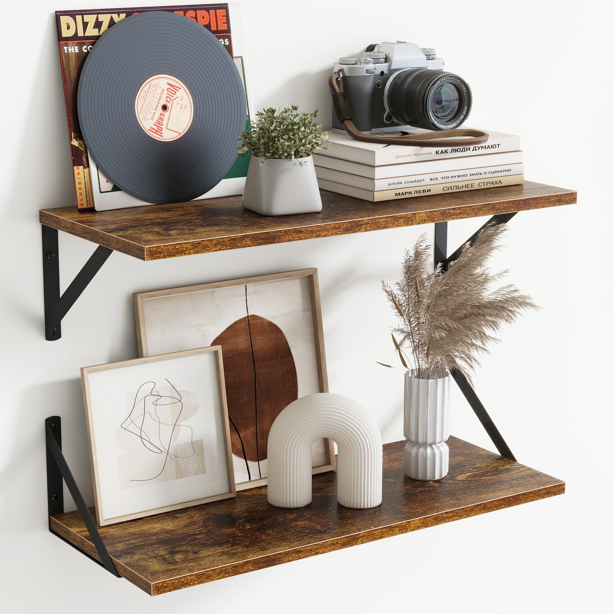 Acovy Floating Shelves for Wall Decor,60cm Wx20cm D Wall Mount Floating Bookshelf Set of 2,Hanging Storage Shelf with Sturdy Metal Brackets,Wooden Shelf for Living Room,Bedroom,Bathroom,Rustic Brown