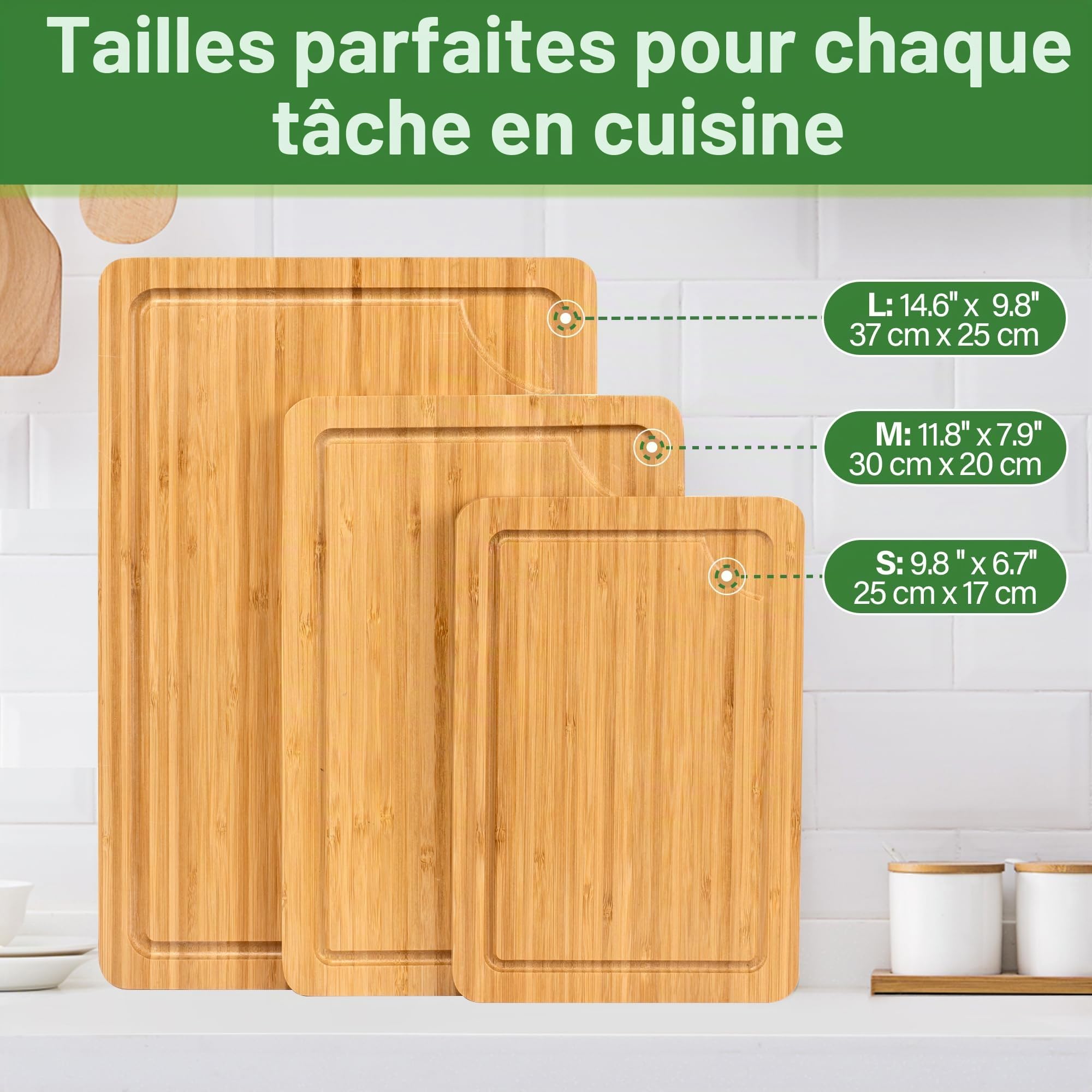 Lot de 3 Planches à Découper en Bambou | Avec bac à jus et Poignée, Disponible en Trois Tailles (S, M, L), avec Support et Couteau à Fruits