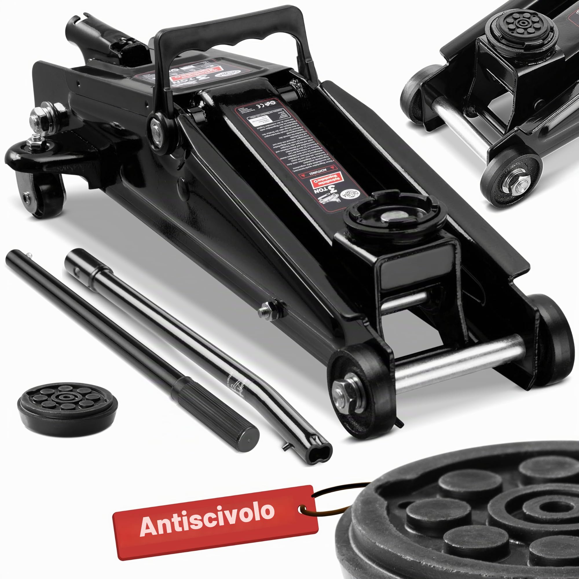 Cric idraulico auto 3 tonnellate Deuba maniglia rotelle manovrabile cuscinetto gomma martinetto sollevatore