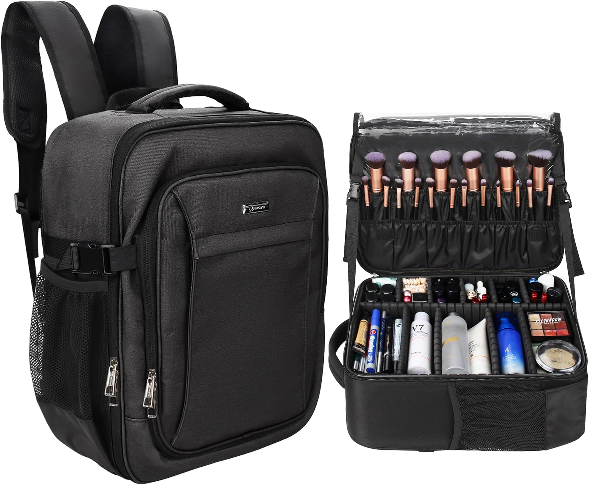Relavel Makeup Backpack, Professional Travel Train Case Makeup Artist Kit Set Bag for Women Extra Large Cosmetic Organizer, Brush Storage Holder, with Adjustable High Dividers, Black