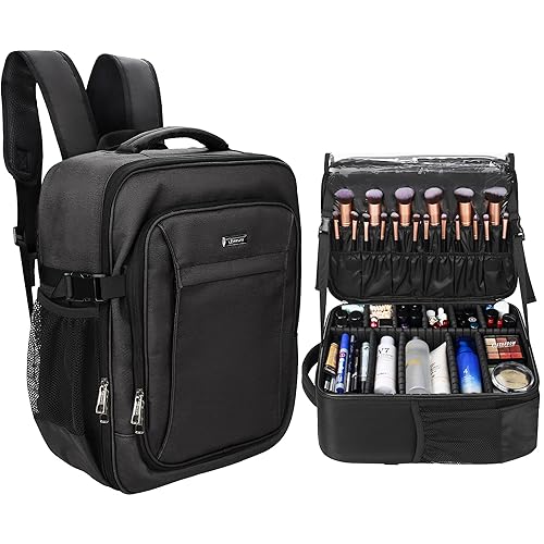 Relavel Makeup Backpack, Professional Travel Train Case Makeup Artist Kit Set Bag for Women Extra Large Cosmetic Organizer, Brush Storage Holder, with Adjustable High Dividers, Black