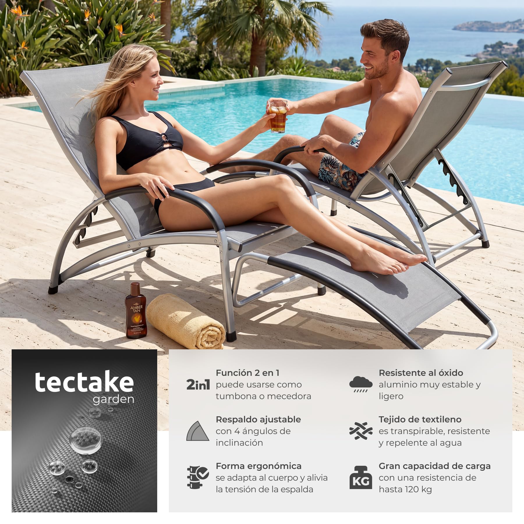 tectake® Tumbona Mecedora 2 en 1, Tumbona Jardín Exterior, Silla Mecedora, Respaldo Ajustable, Estructura de Aluminio, Tejido Transpirable, Ideal para Jardín y Playa - 2 Unidades