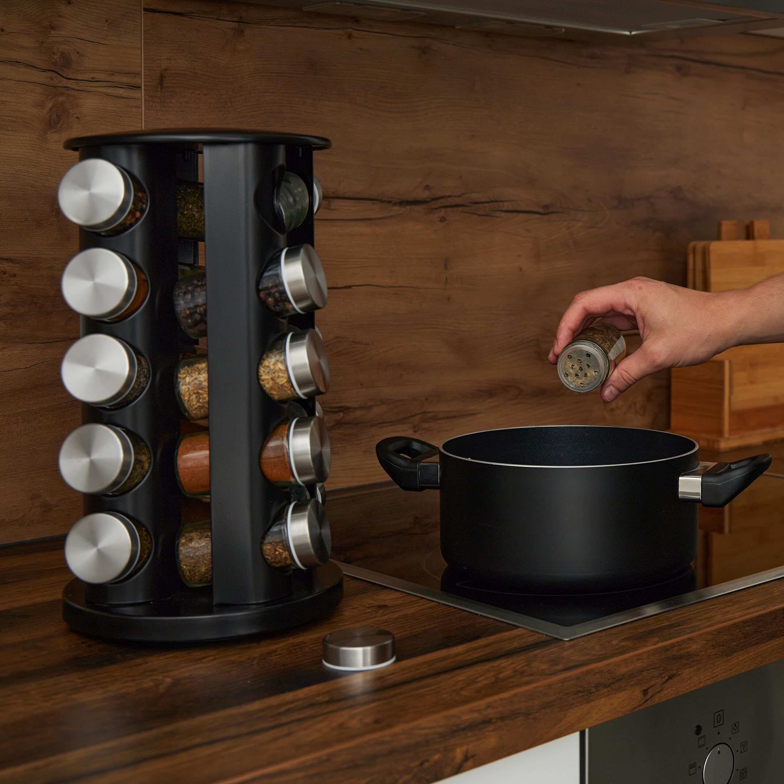 Relaxdays Portaspezie da Cucina, 20 Barattoli Spezie, 80 ml, Girevole a 360°, in Acciaio Inox e Vetro, 34,5x22 cm, Nero