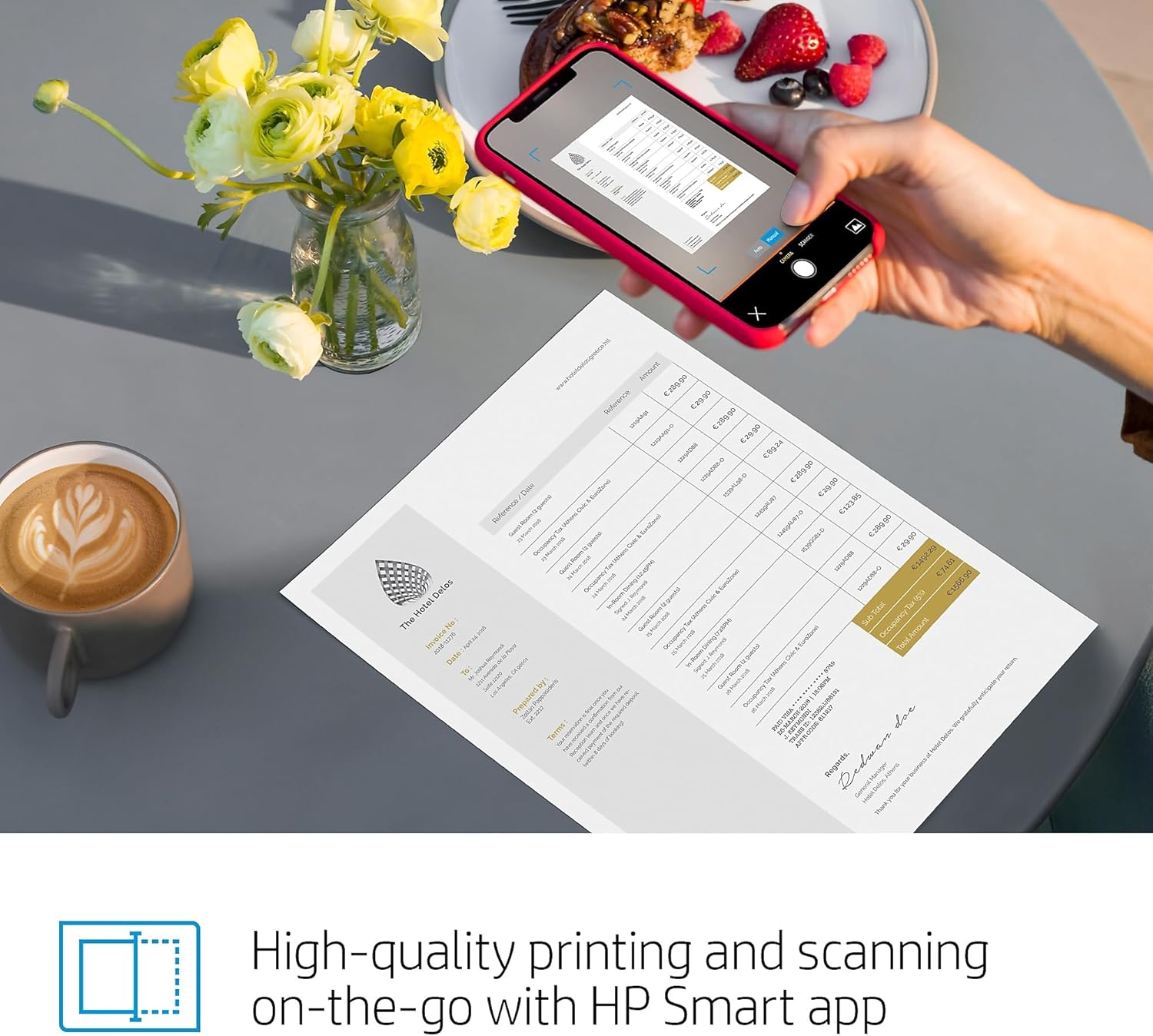 A smartphone scanning a document using the HP Smart app, with the HP Tango printer in the background.