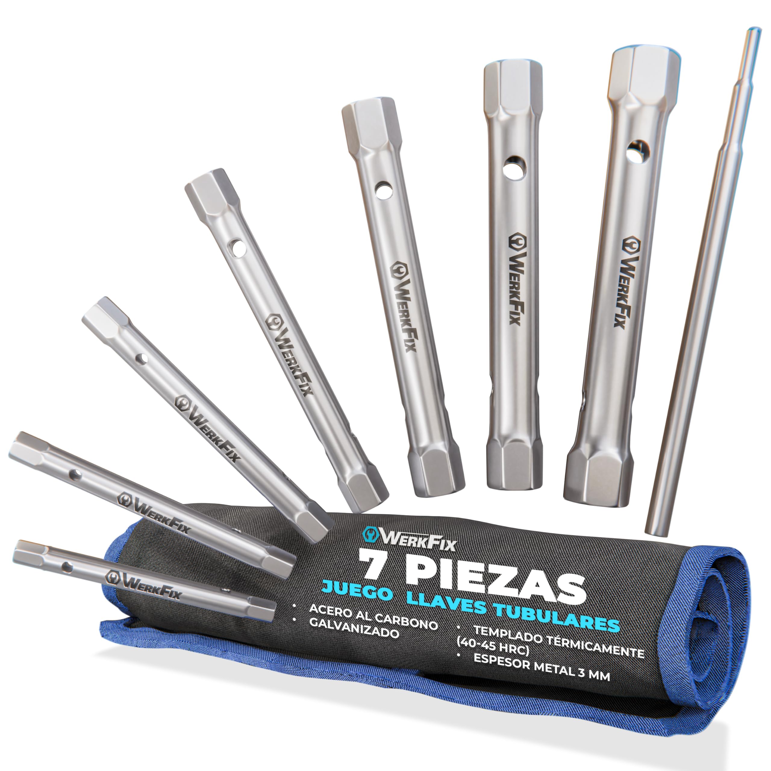 S&R WERKFIX Juego de Llaves Tubulares 7 Piezas + Barra de Sujeción | Acero Cromo Vanadio | Maletín Incluido | Llaves de Tubo 6-19 mm