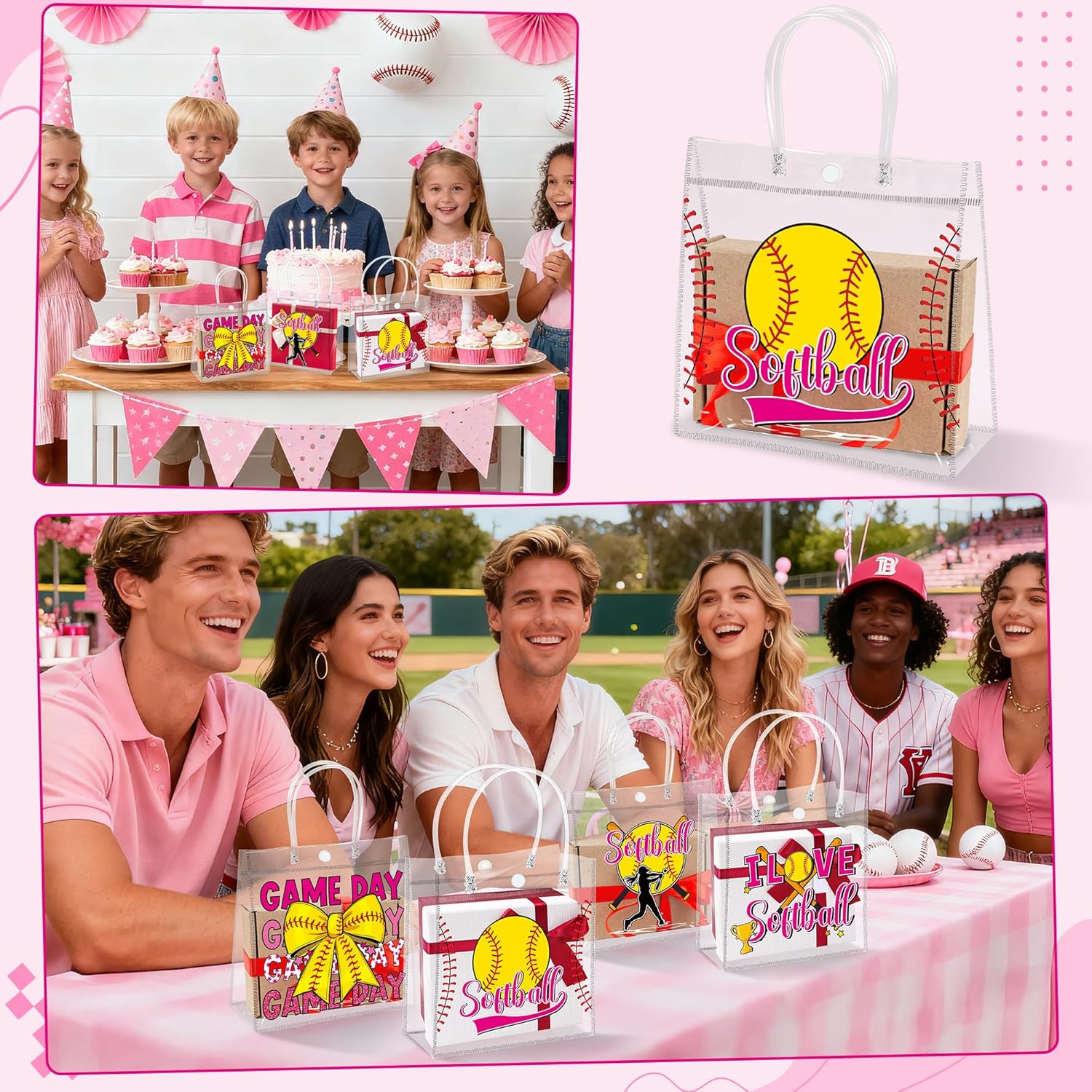 H1vojoxo Softball Goodie Gift Bags - 24PCS Softball Clear PVC Gift Bags for Team Girls with Handle Reusable Sport Party Favors Team Birthday Gifts Bag Treat Snack Bag for Girls End of Season Gifts Bag