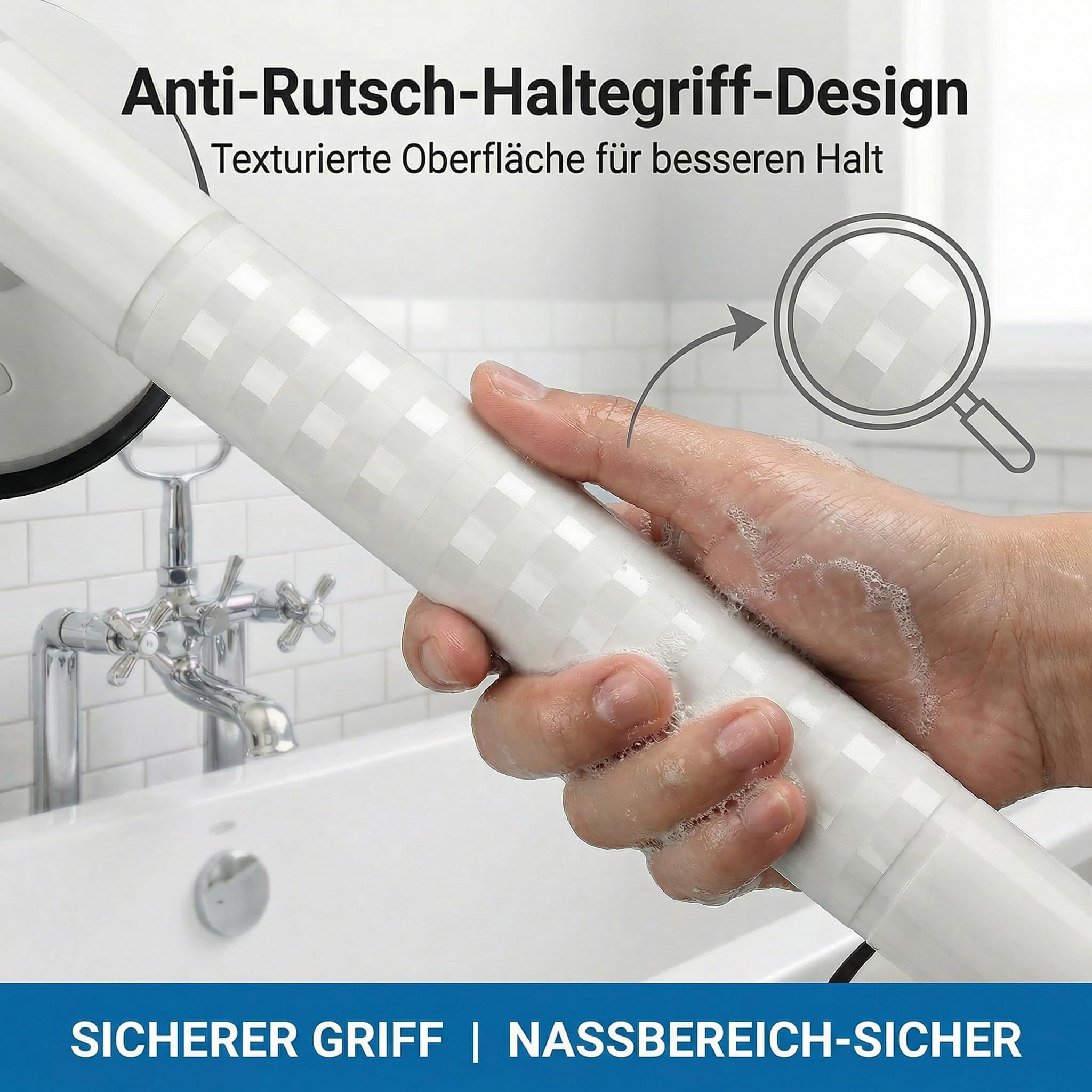 Magicbox Haltegriff mit Saugnapf für Dusche & Badewanne, 36.5 cm Duschgriff ohne Bohren mit Vakuum-Pumpe, 10 cm Saugnäpfen, rutschfestem Griff & Warnanzeige für Senioren