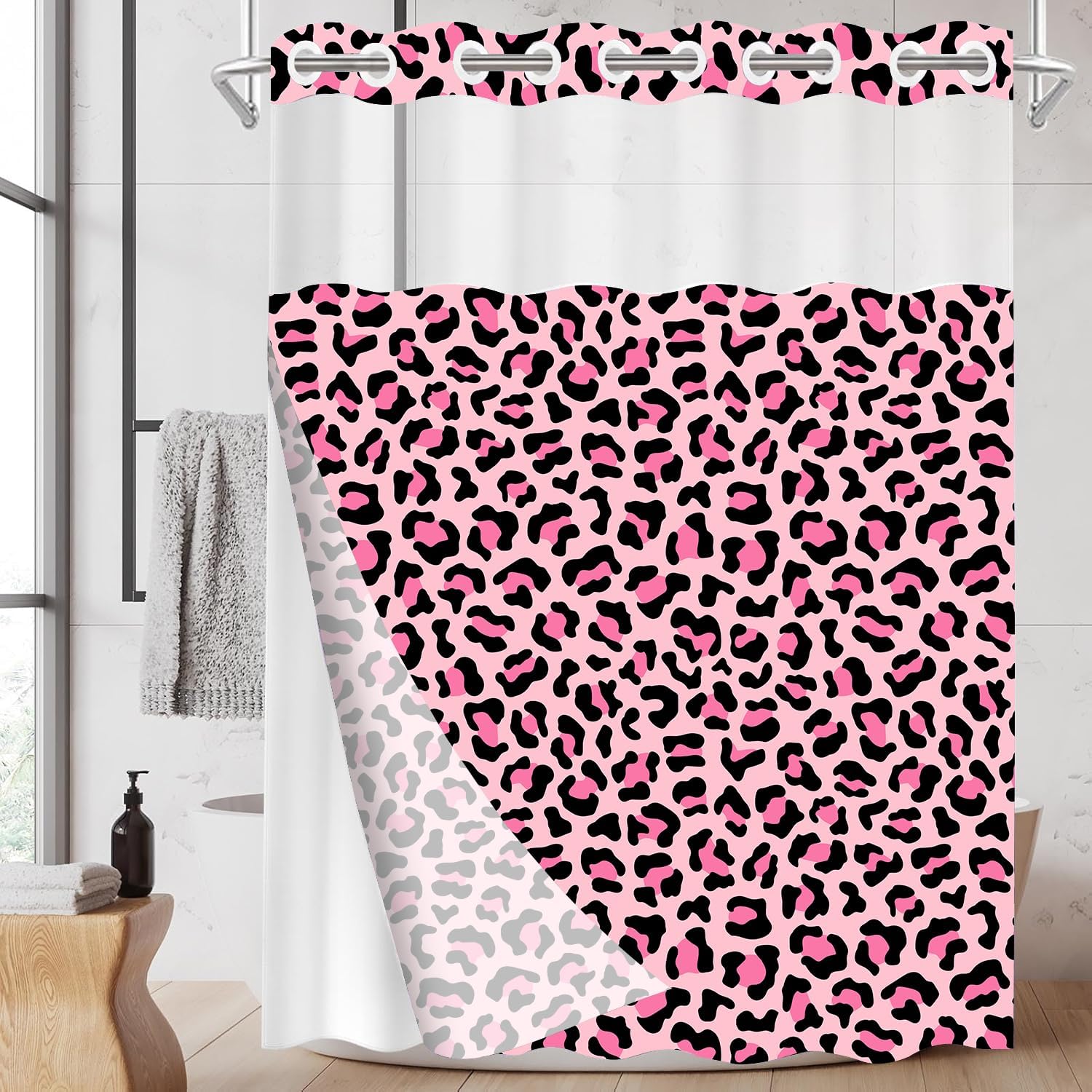 Hookless Shower Curtain Pink Leopard Shower Curtain and Liner Set Cheetah Print Bathroom Shower Curtains with Snap in Liner, Apply to Hotel Bath, Spa Like Bath Curtain,72" W x 75" L