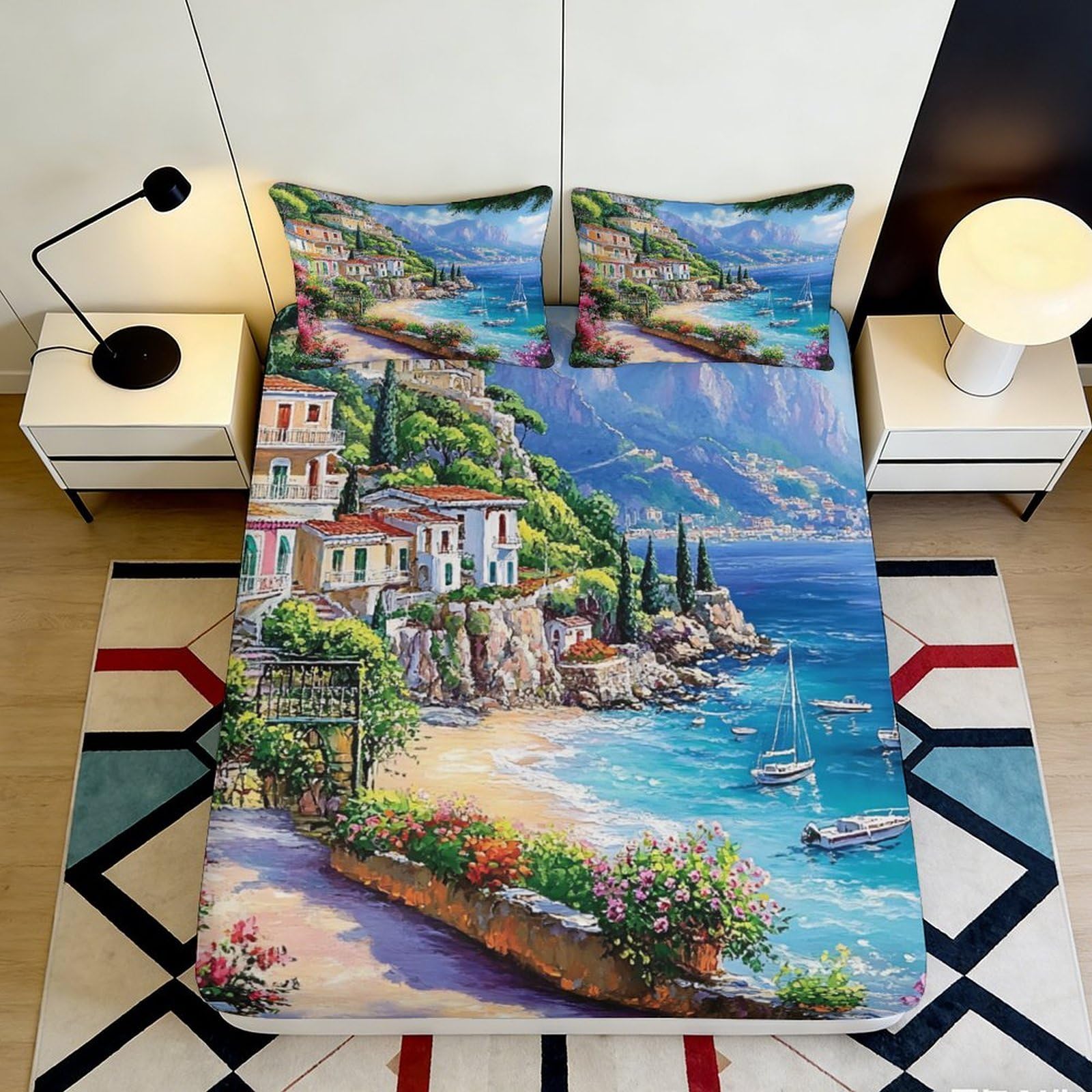 3D Printed Mediterranean Coast Fitted Sheet Microfiber Breathable Anti-Slip Seaside Village Mattress Cover Bedroom Protector 120x200x25cm