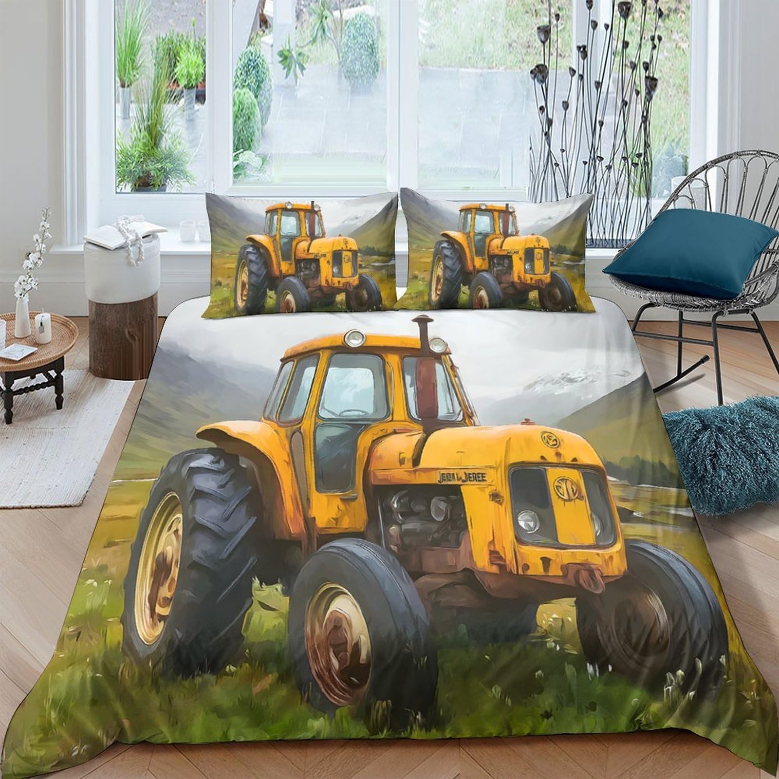 Ctjqhvkz Style-4 3D Printed Yellow Tractor Fitted Sheet Microfiber Soft Breathable Farm Landscape Bed Cover For Bedroom Dorm Decor Single（135X200cm）