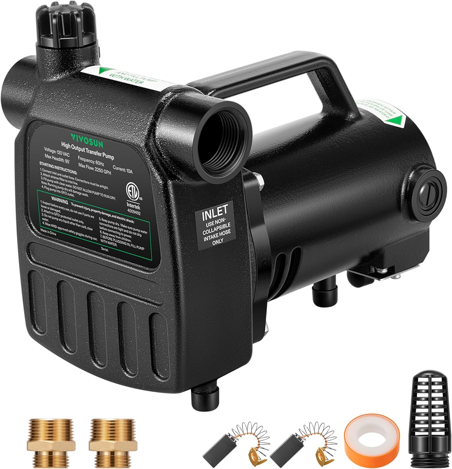 VIVOSUN 1HP Water Transfer Pump, 2700GPH Cast Iron Casing Water Transfer Utility Pump with ON/OFF Switch, Hose Adapters, Brass Connectors and Suction Strainer for Pools, Ponds, Aquariums, Black 1HP Cast Iron Pump
