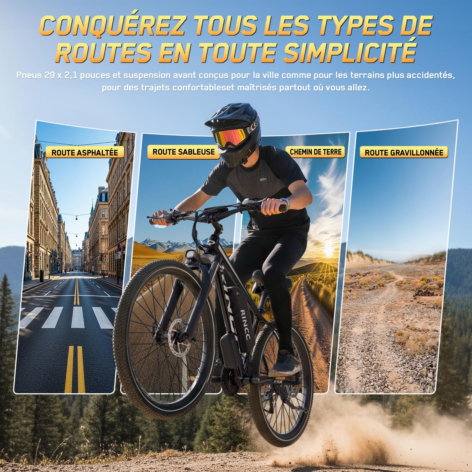 RINCC Velo Electrique Homme RN50-29,Vélo électrique Adulte 48V 15Ah Batterie avec 21 Vitesses avec Écran LCD,Autonomie jusqu'à 100 km,Moteur 250 W, Cadre en Alliage d'aluminium,Ville E-Bike