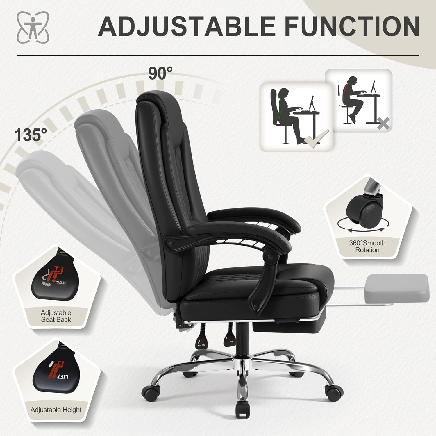 Homall Executive Home Office Chair with Lumbar Support,400lbs Adjustable Ergonomic High Back Office Chair Reclining Managerial Chair for Home Office (Black) - Image 7
