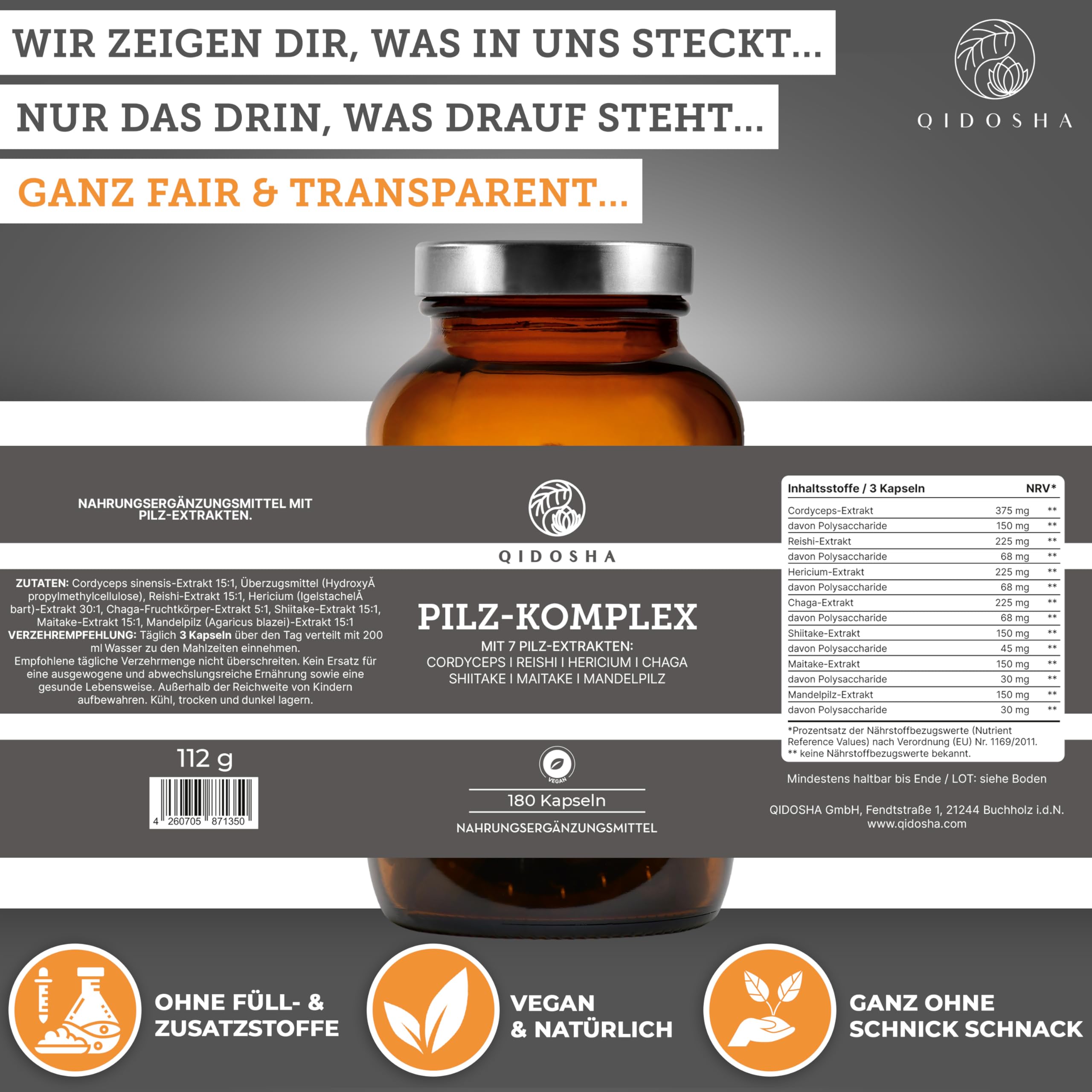 QIDOSHA® Pilz Komplex Kapseln, 180 Stk im Apothekerglas, hochreine Dual-Extrakte aus den 7 Vitalpilzen Cordyceps, Reishi, Hericium, Chaga, Maitake, Shiitake, Agaricus blazei (Mandelpilz), vegan